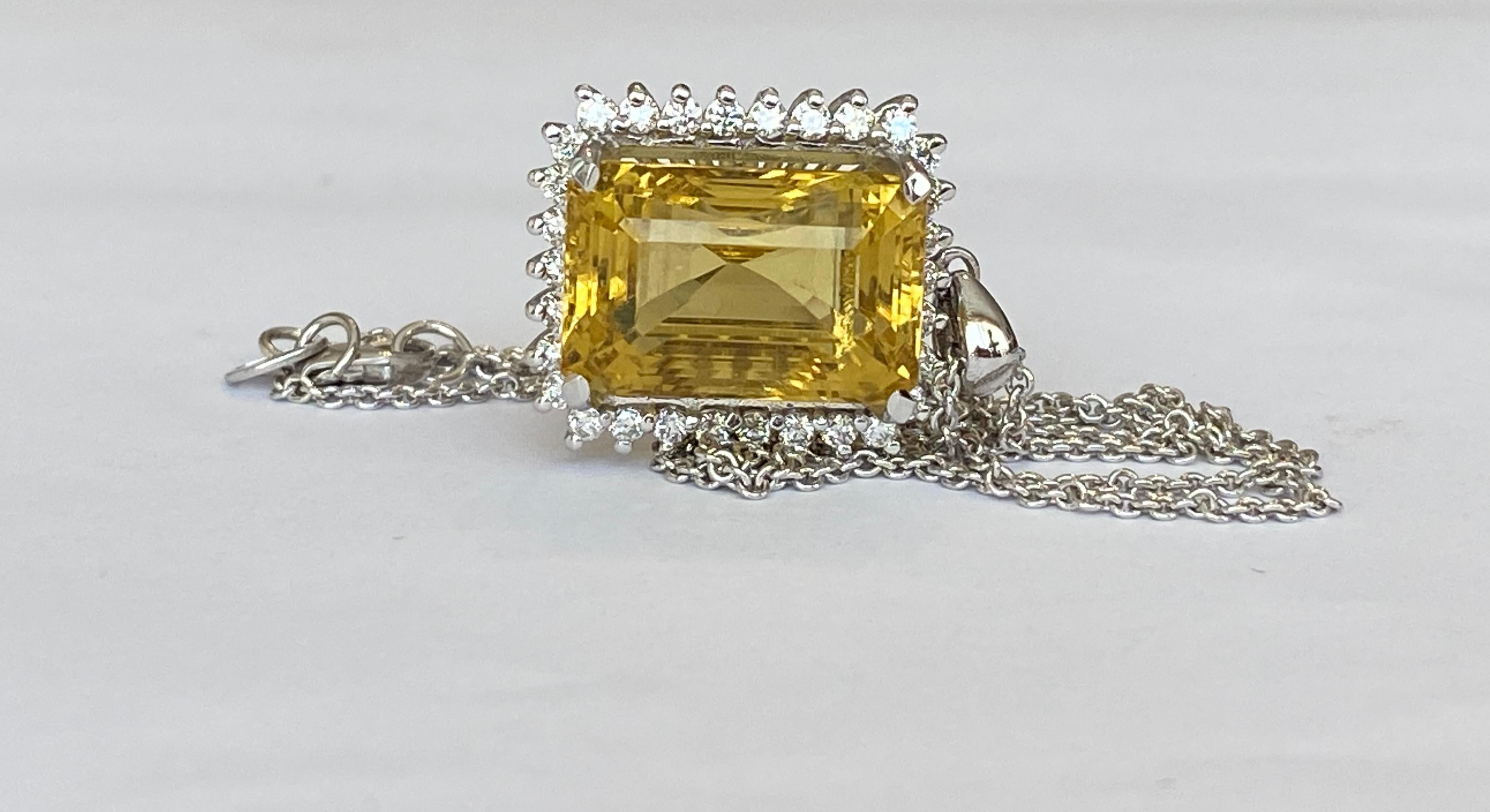 Women's 18 Karat White Gold Necklace with a Diamond Pendant Decorated with Citrine