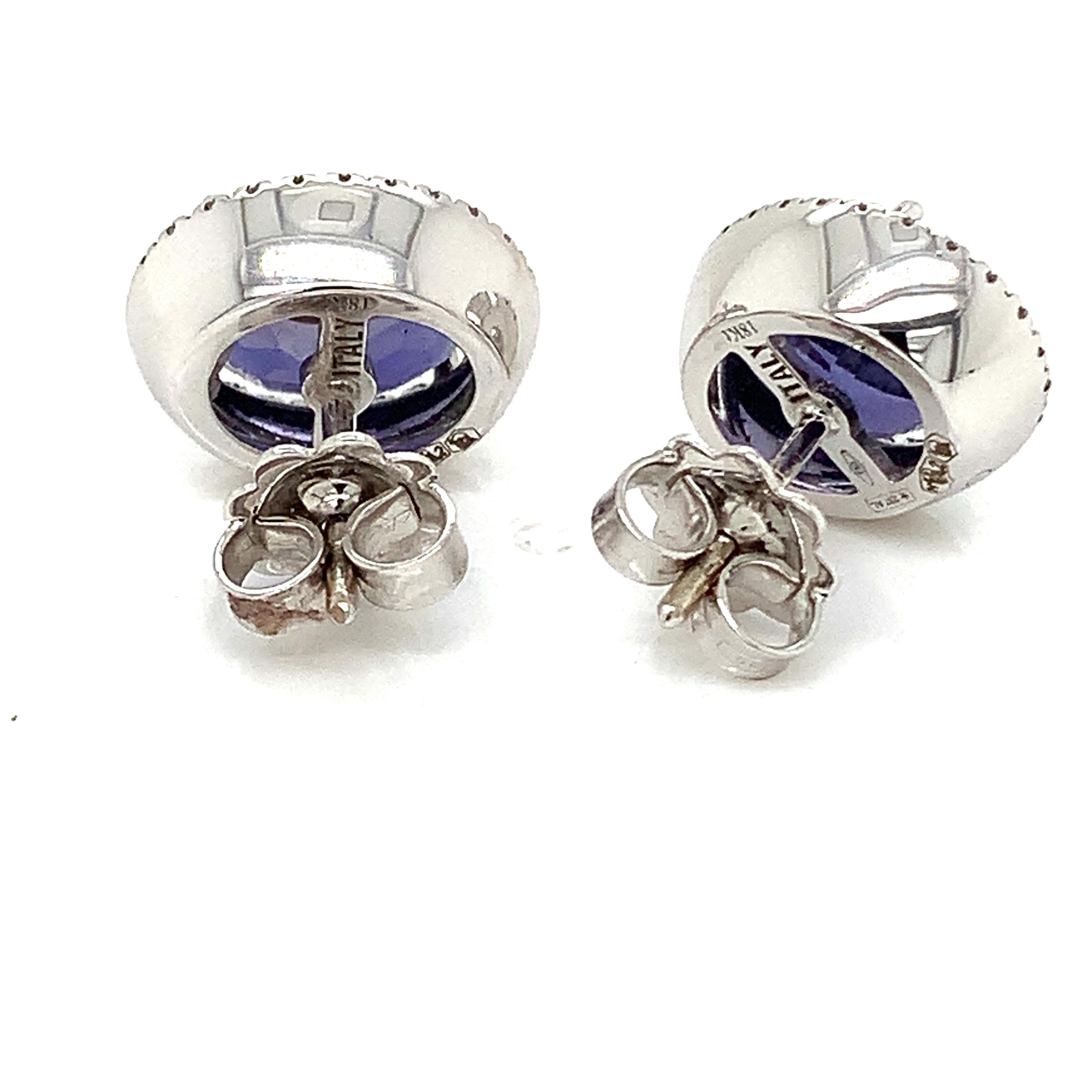 Contemporary 18 Kt White Gold Oval Shape Stud Earrings in Iolite and Diamonds by Garavelli   For Sale