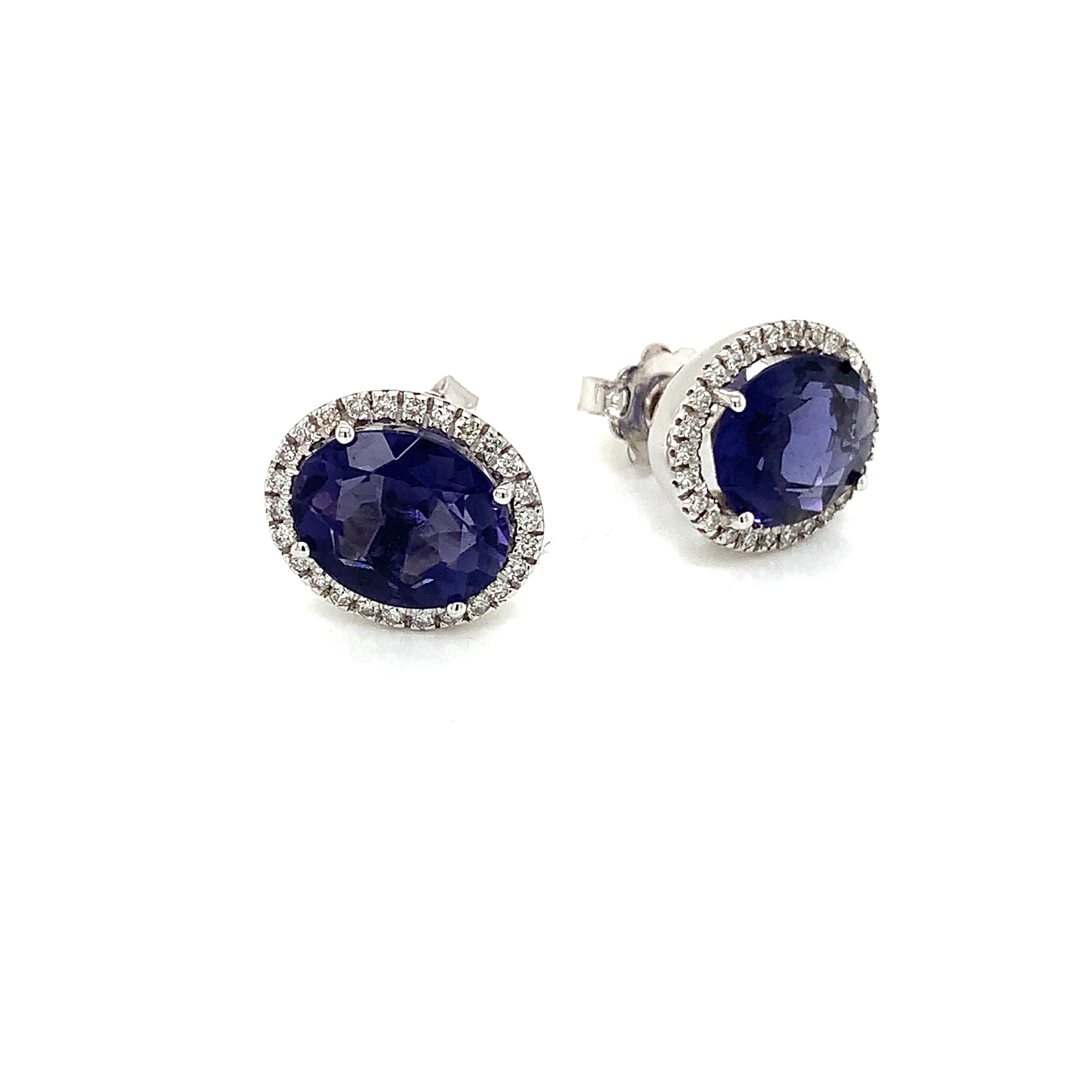 18 Kt White Gold Oval Shape Stud Earrings in Iolite and Diamonds by Garavelli   In New Condition For Sale In Valenza, IT