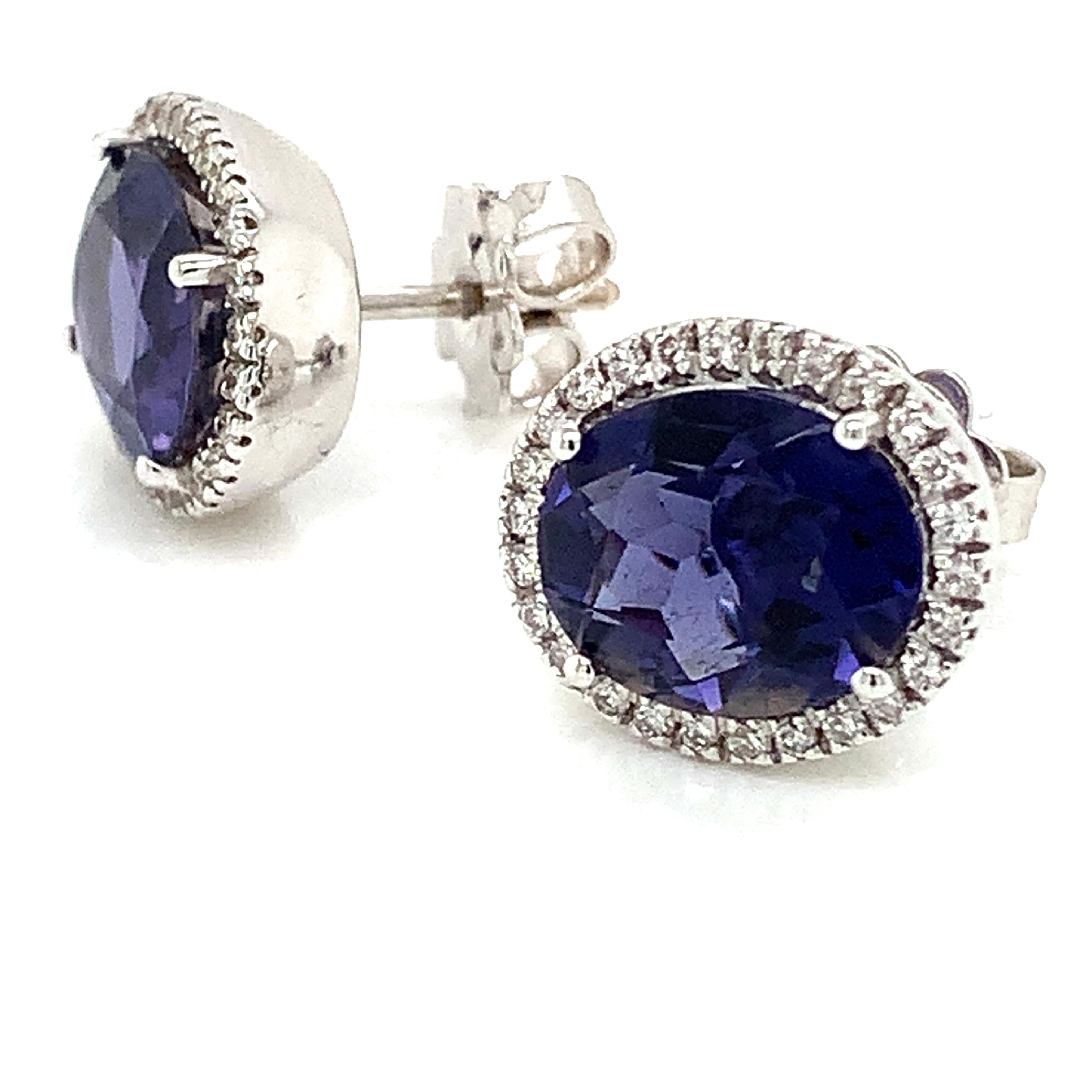 Women's 18 Kt White Gold Oval Shape Stud Earrings in Iolite and Diamonds by Garavelli   For Sale