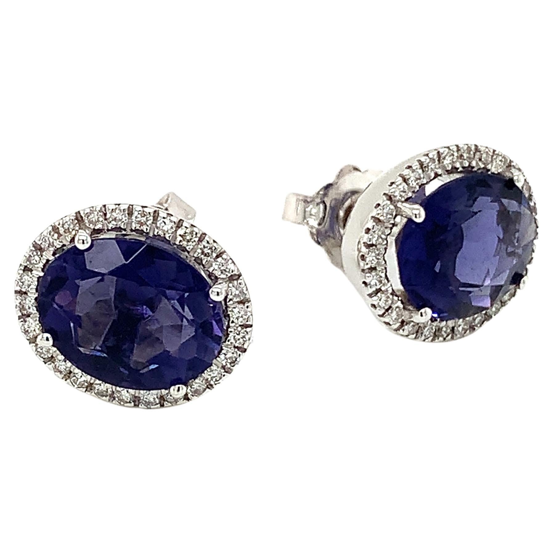18 Kt White Gold Oval Shape Stud Earrings in Iolite and Diamonds by Garavelli   For Sale