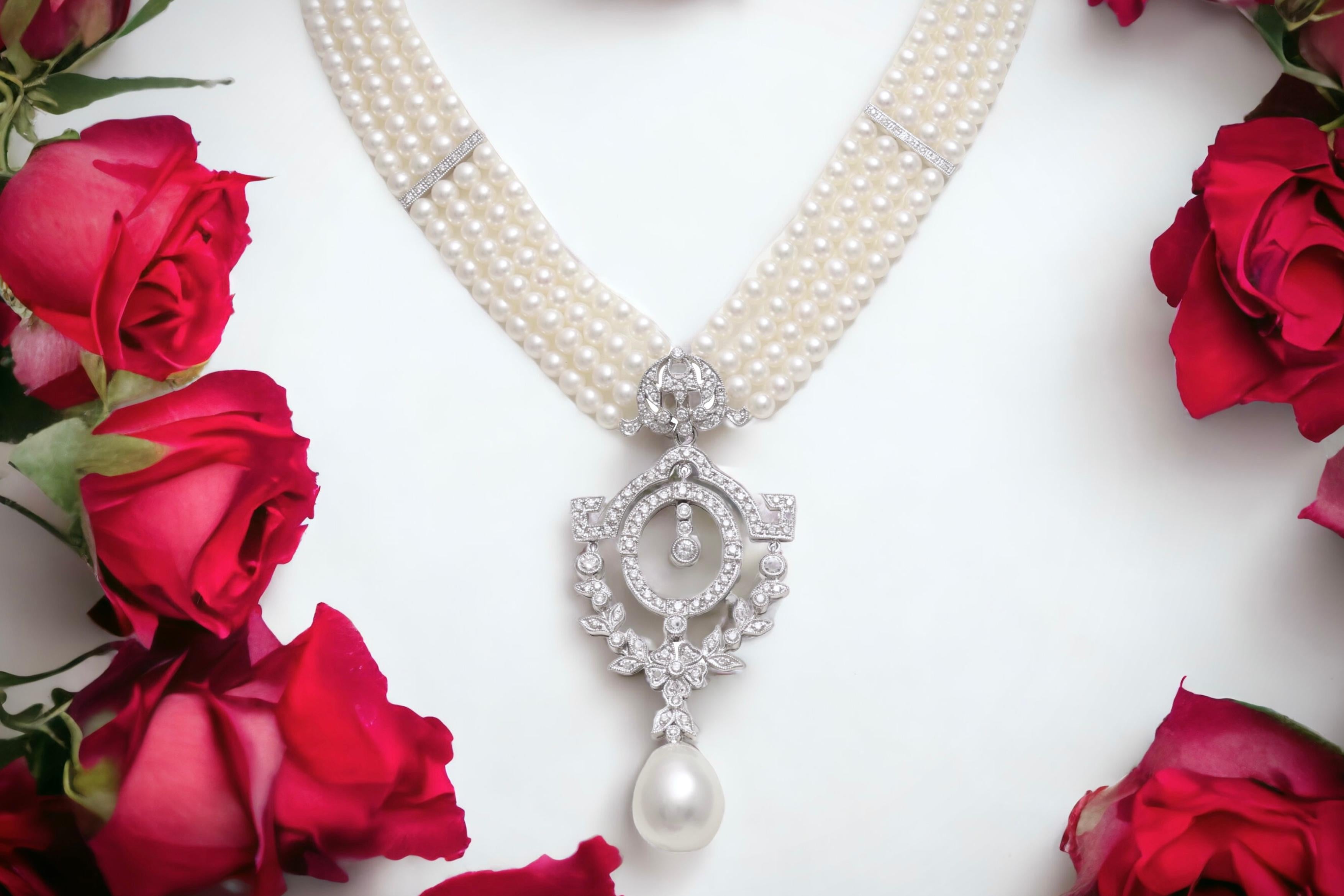 18 kt. Collier de perles en or blanc avec grande perle des mers du Sud et diamants  en vente 5