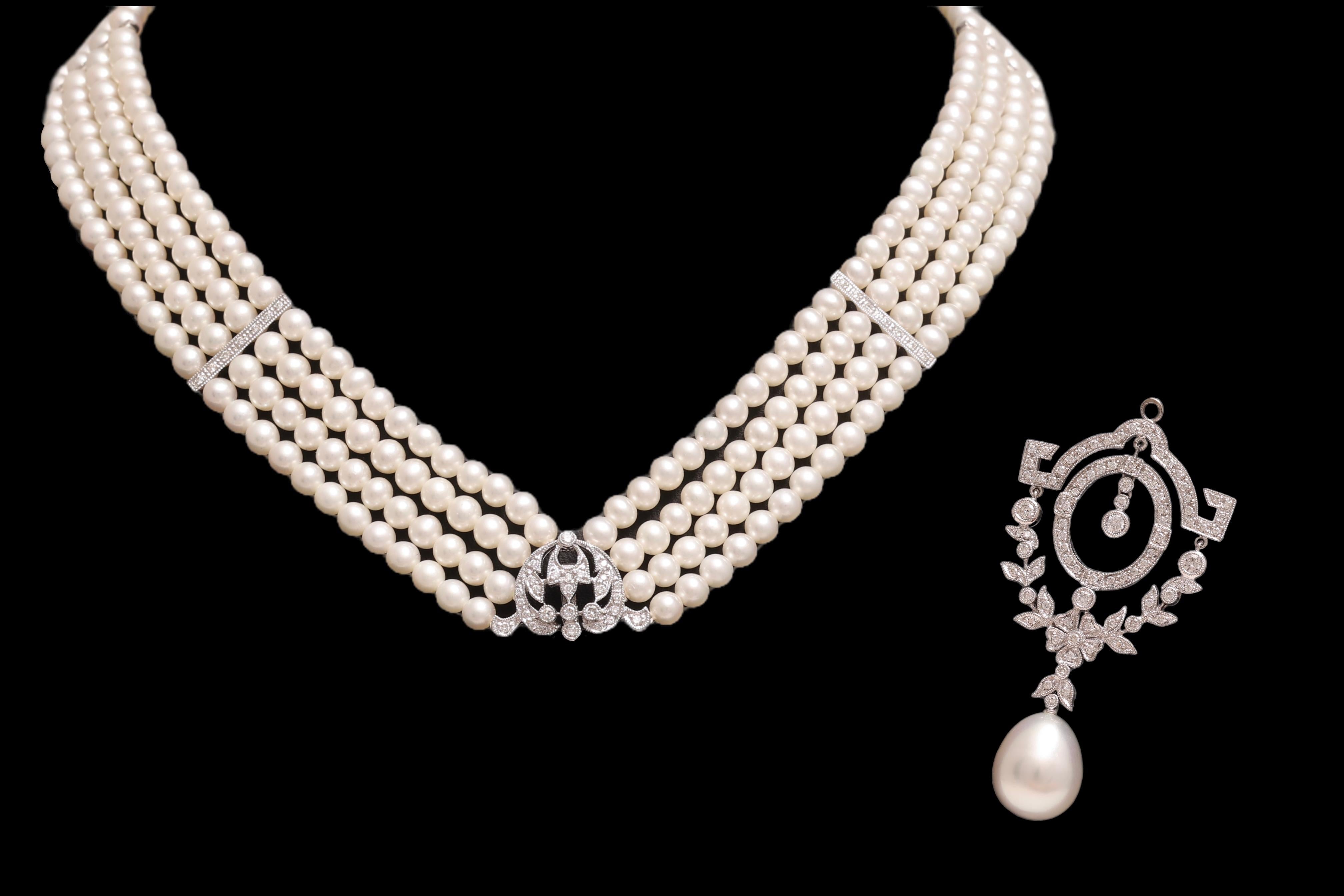 Magnifique, 18 kt. Collier de perles en or blanc avec grande perle des mers du Sud et diamants 

Perles : 4 rangs de perles d'eau douce d'environ 4 mm chacun, 344 perles au total
1 Grande perle des mers du sud australienne environ 14,35 mm x 12,1