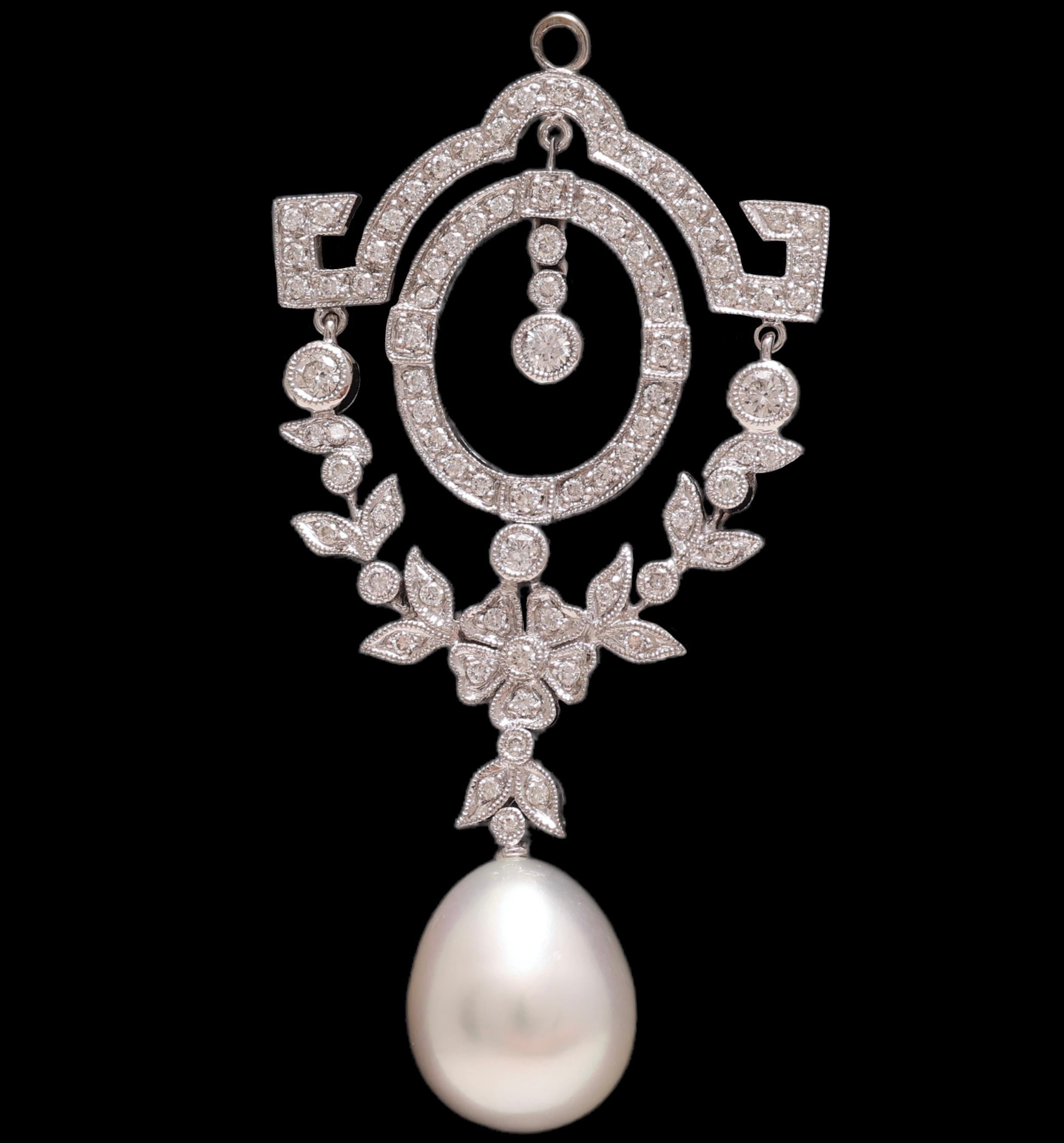 Artisan 18 kt. Collier de perles en or blanc avec grande perle des mers du Sud et diamants  en vente