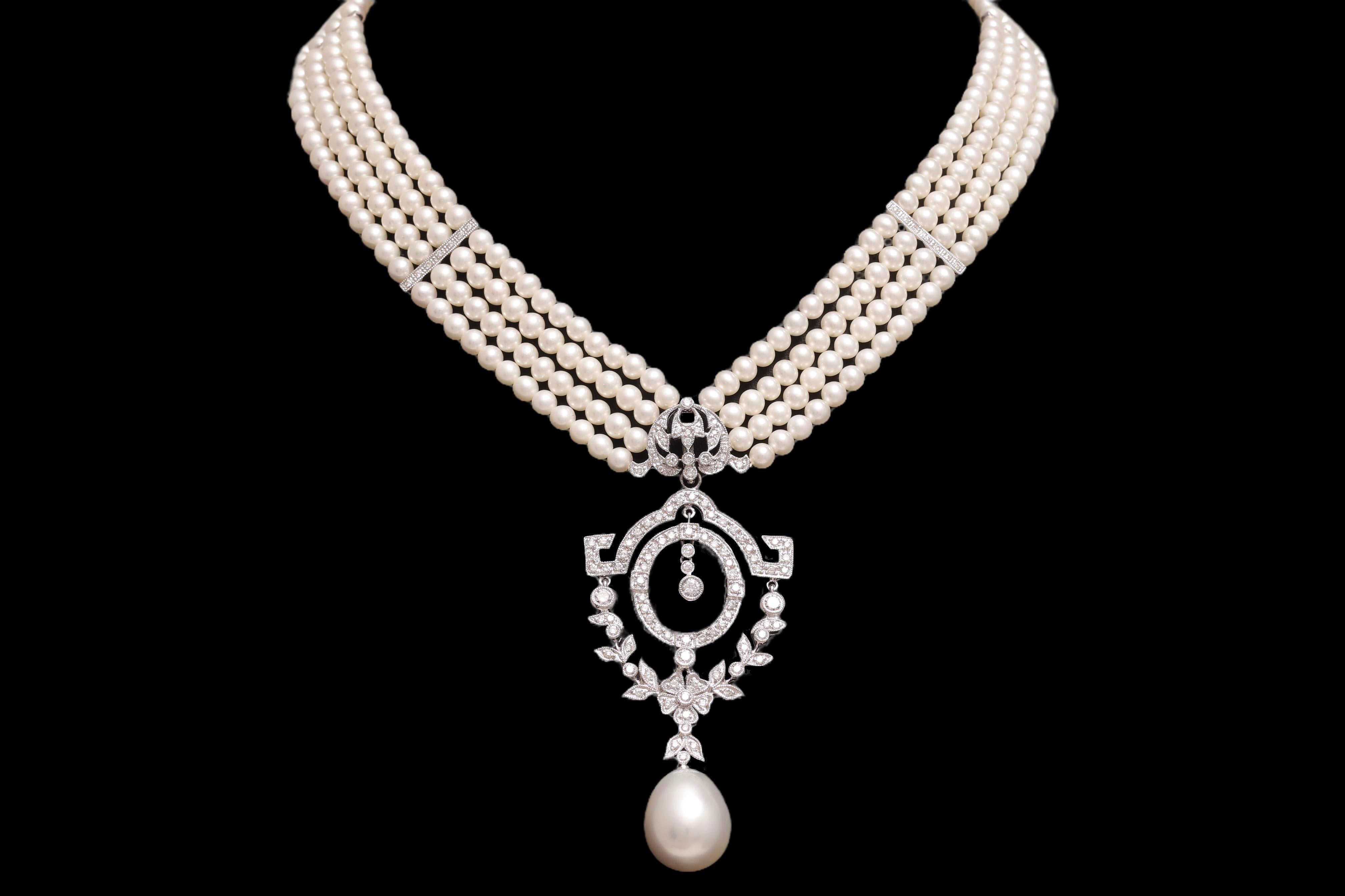 18 kt. White Gold Pearl Necklace With Large South Sea Pearl, Diamonds  In New Condition For Sale In Antwerp, BE