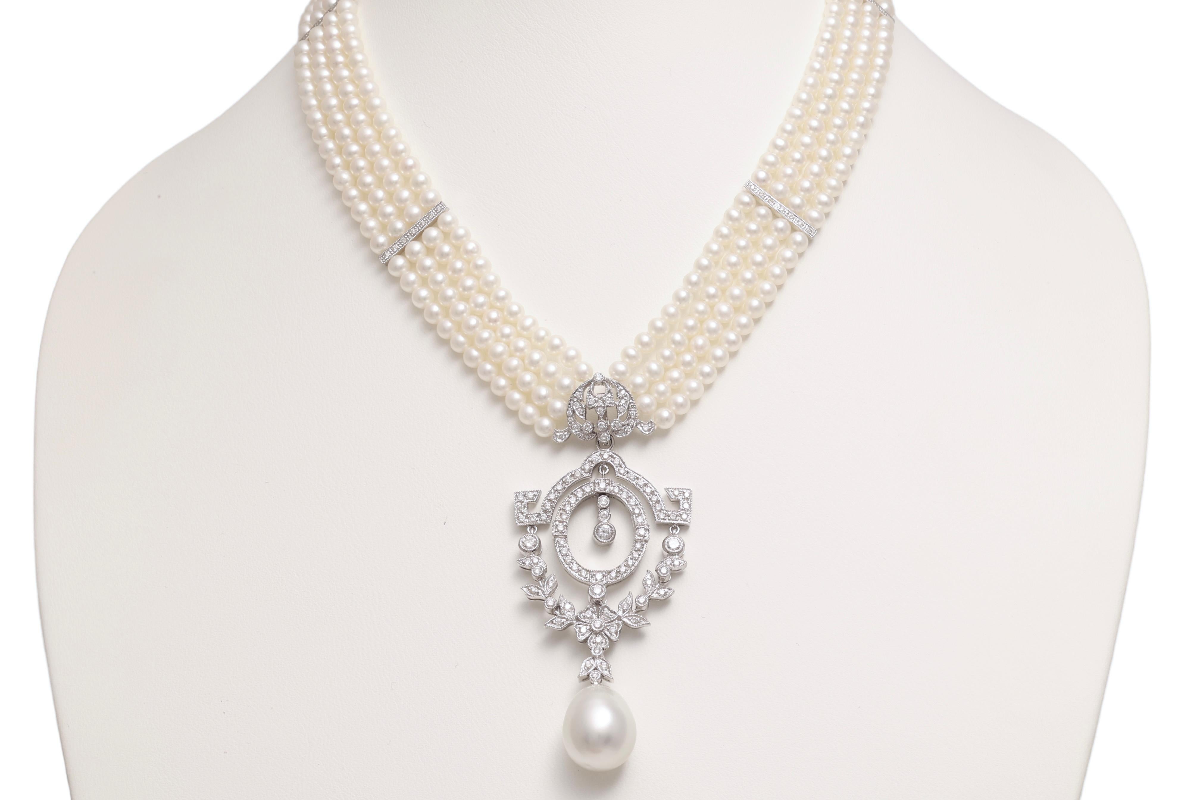18 kt. Collier de perles en or blanc avec grande perle des mers du Sud et diamants  en vente 1