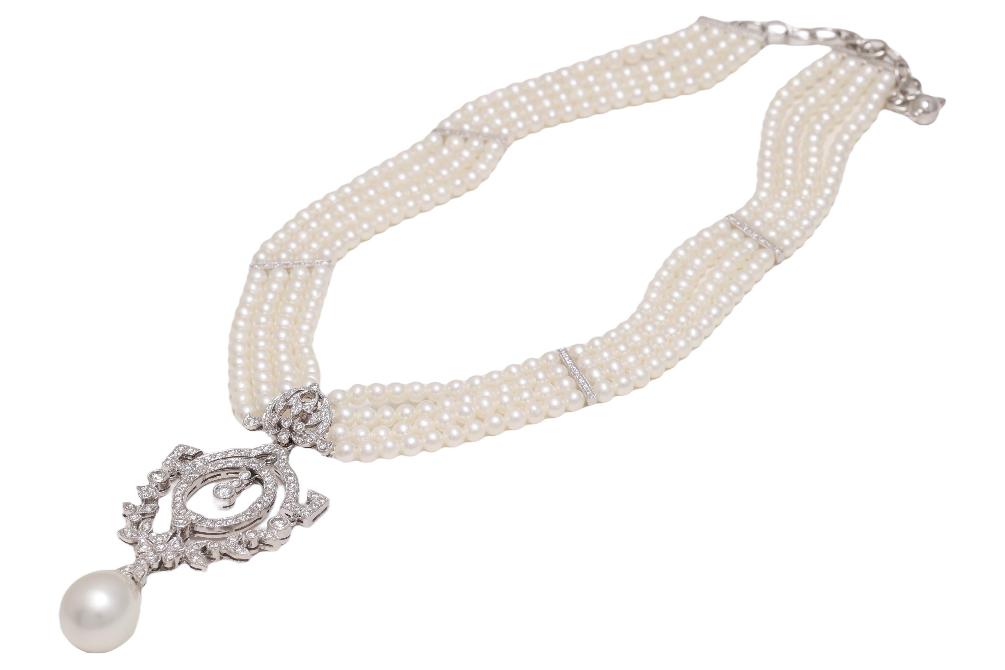18 kt. Collier de perles en or blanc avec grande perle des mers du Sud et diamants  en vente 2