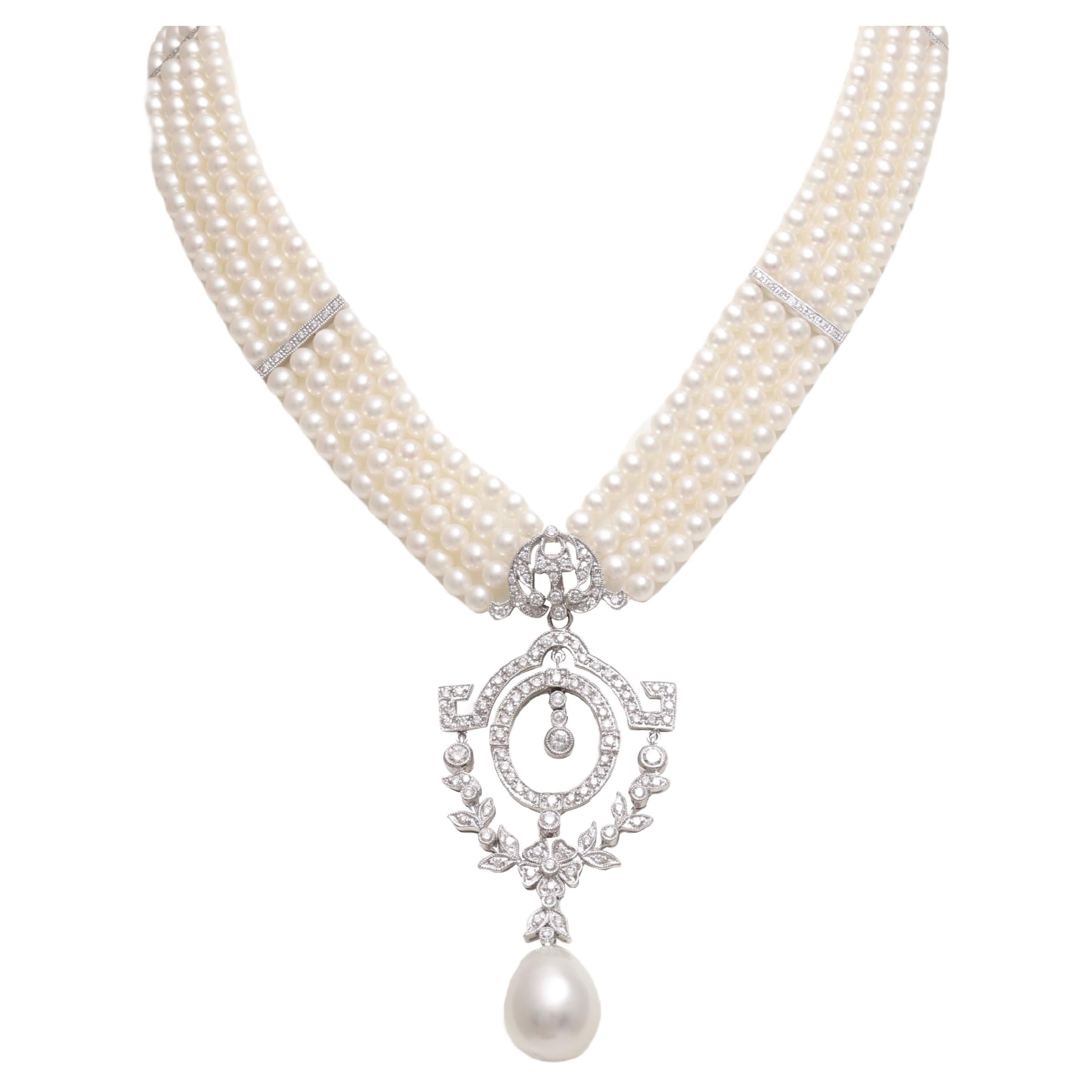18 kt. Collier de perles en or blanc avec grande perle des mers du Sud et diamants  en vente
