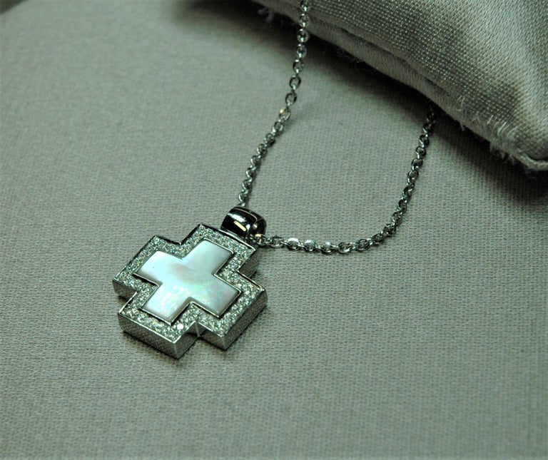 18 Kt, White Gold Pendant Necklace Square Cross, Diamonds, White Mother ...