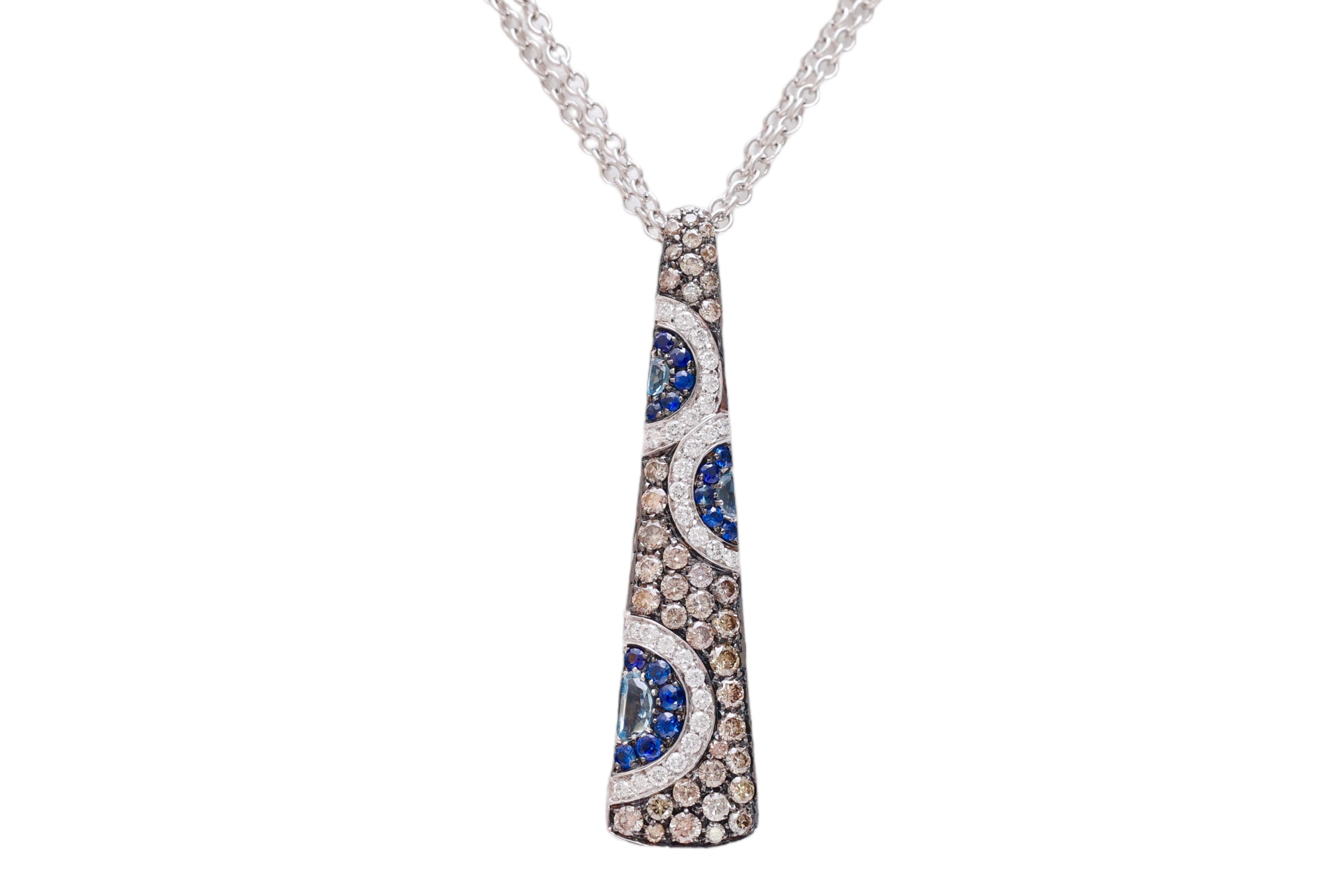 Modern 18 kt. White Gold Pendant / Necklace White & Cognac Diamonds and Sapphires   For Sale