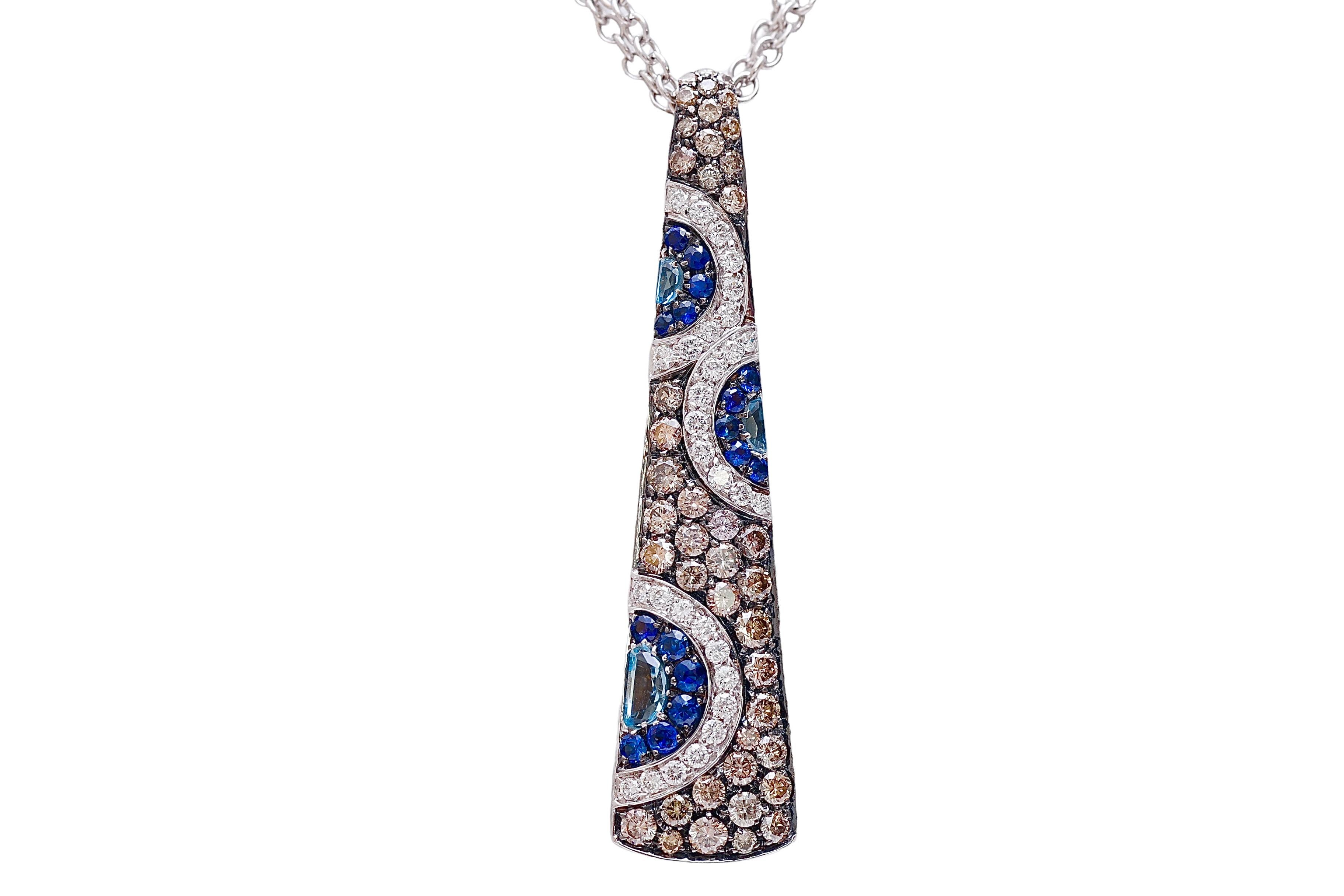 Brilliant Cut 18 kt. White Gold Pendant / Necklace White & Cognac Diamonds and Sapphires For Sale