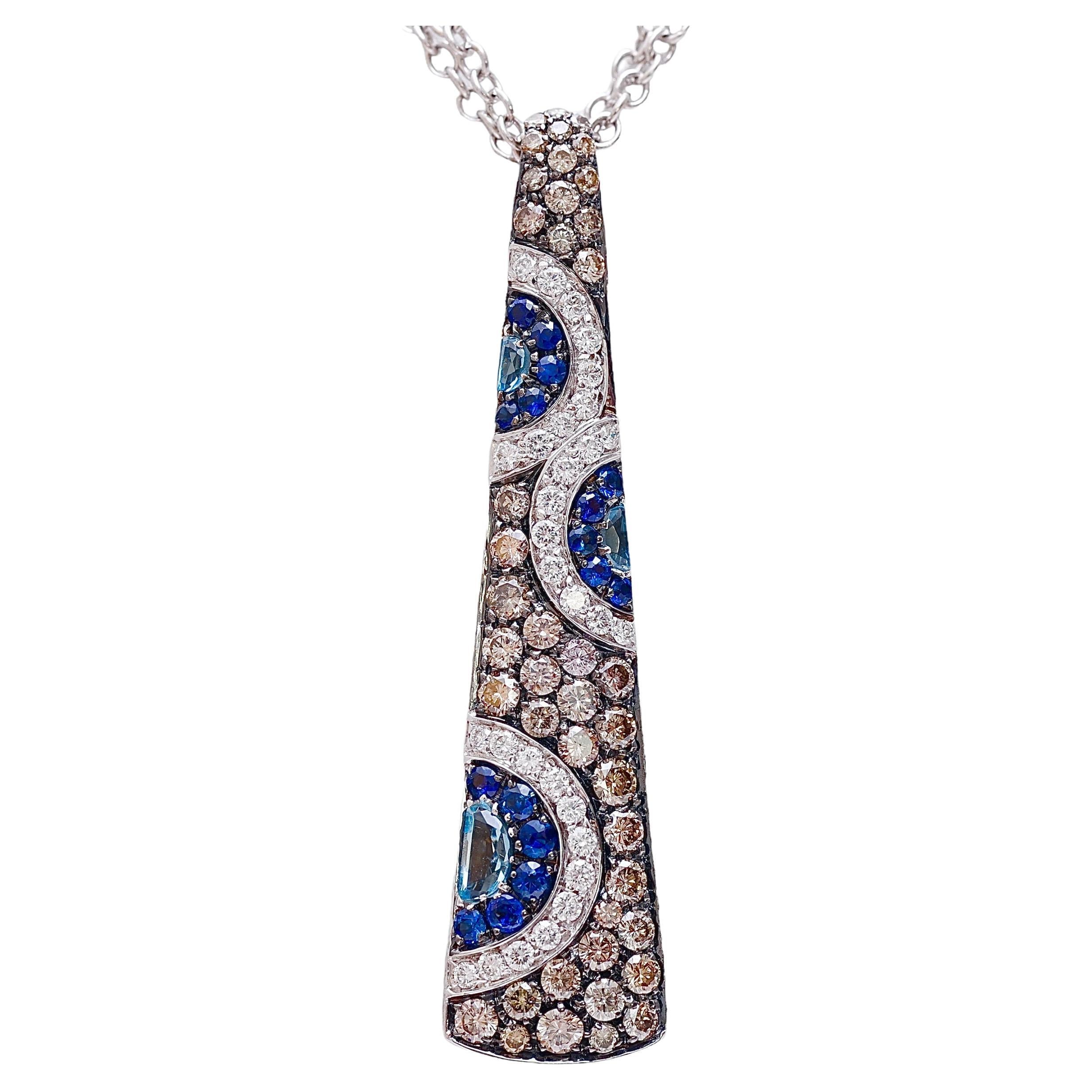 18 kt. White Gold Pendant / Necklace White & Cognac Diamonds and Sapphires   For Sale