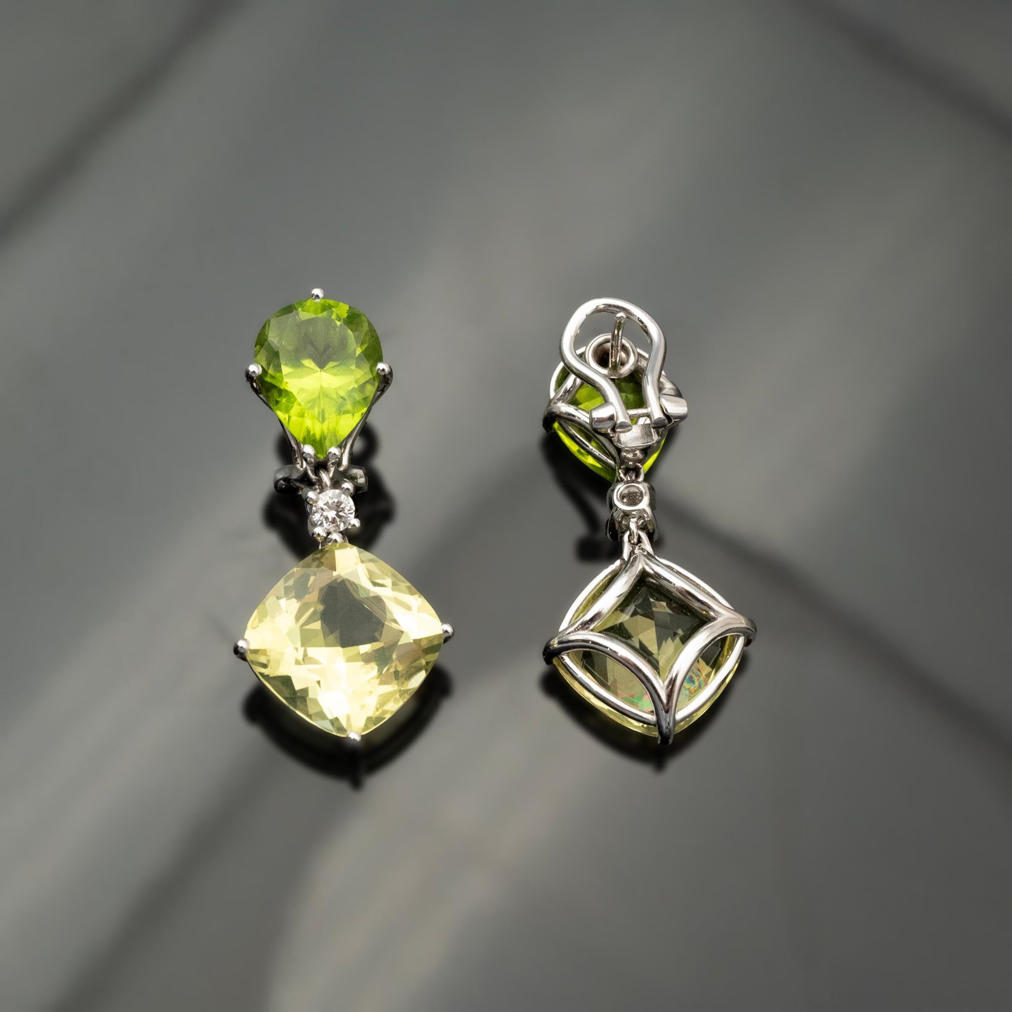 Contemporary 18 KT White Gold Peridot, Citrine, and Diamond Clip-On Earrings For Sale