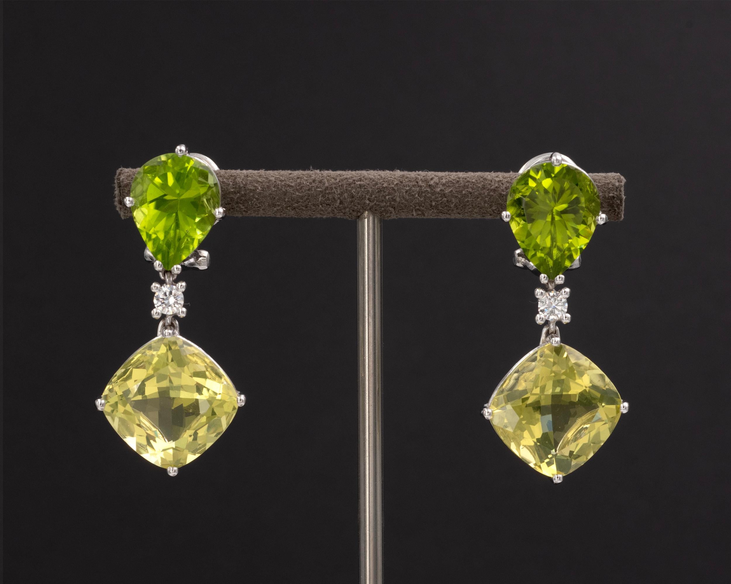 Cushion Cut 18 KT White Gold Peridot, Citrine, and Diamond Clip-On Earrings For Sale