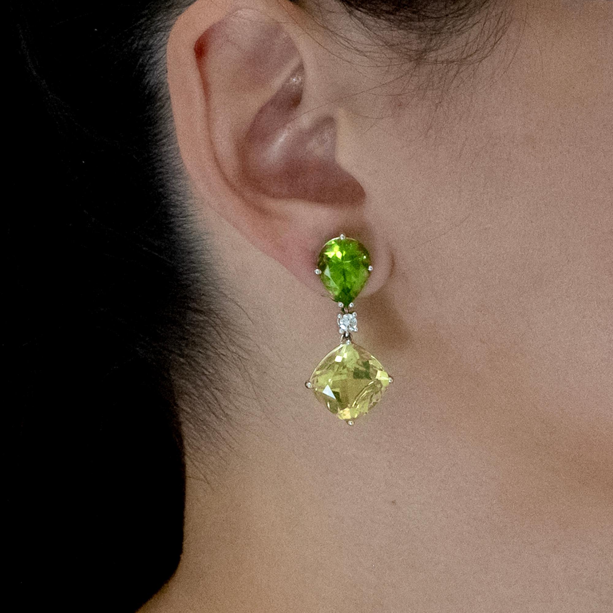 Women's 18 KT White Gold Peridot, Citrine, and Diamond Clip-On Earrings For Sale