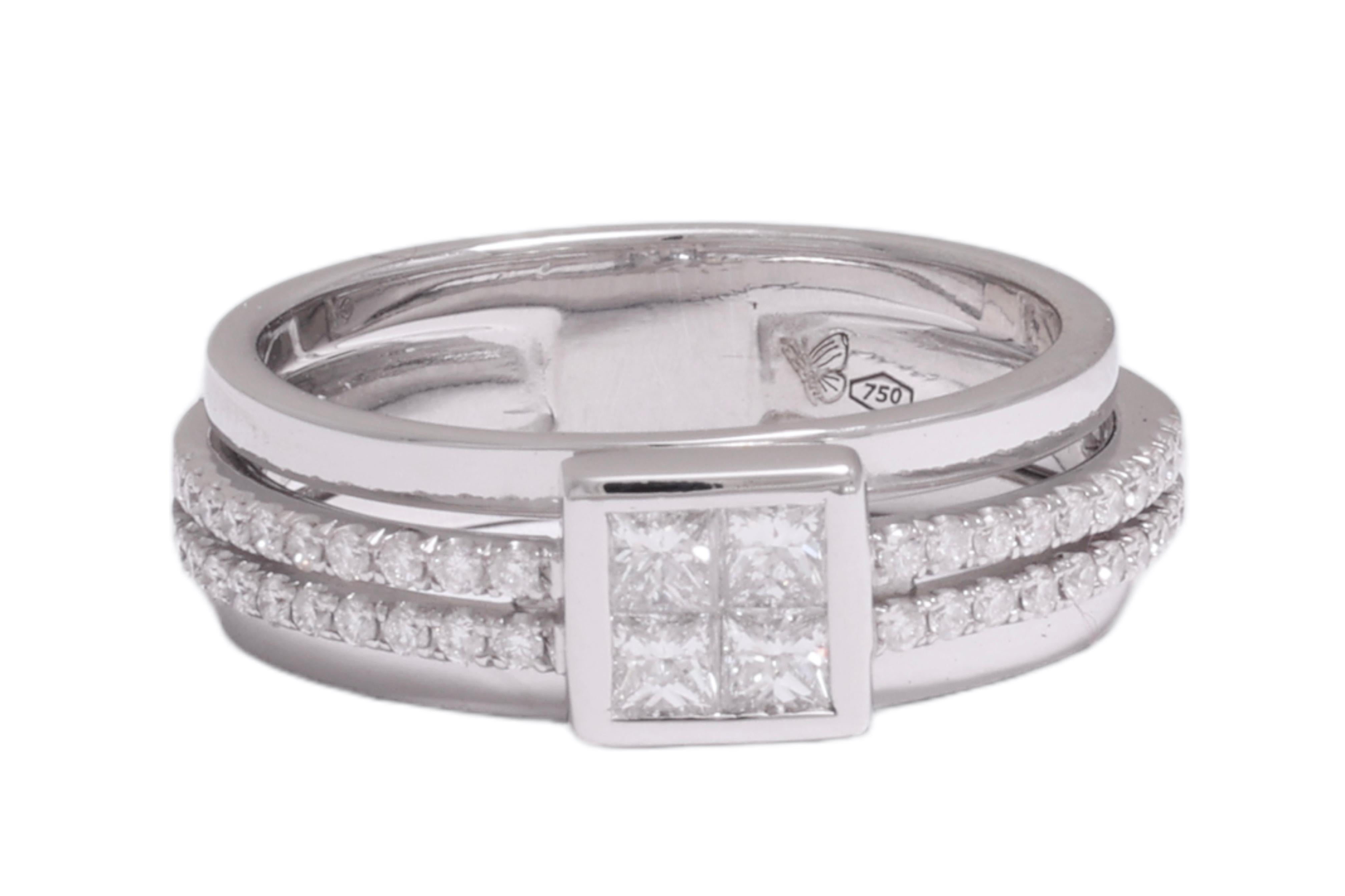 Moderno 18 kt. Anello in oro bianco da 1,27 ct. Incastonatura invisibile di diamanti taglio Princess e Brilliante in vendita