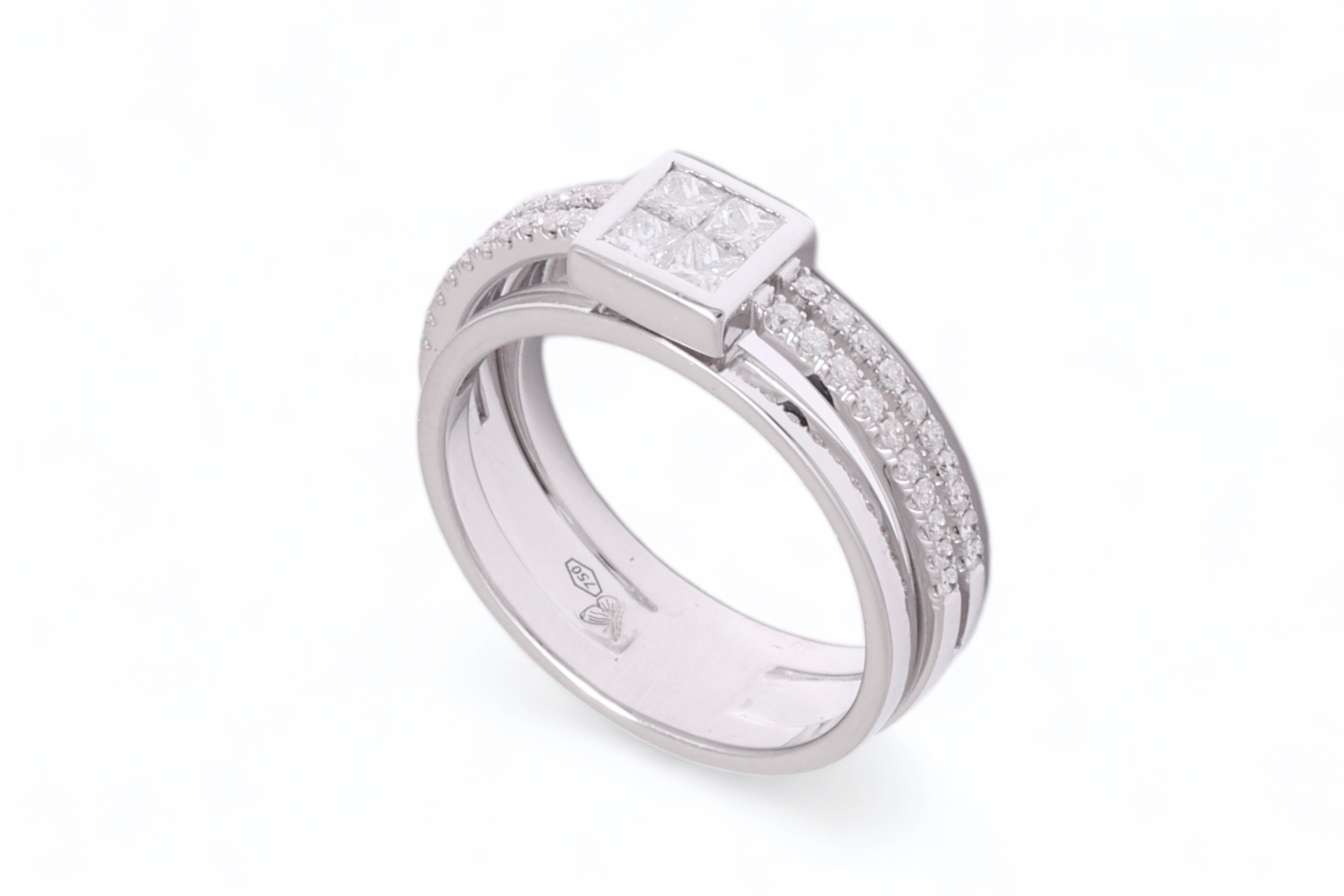 da uomo o donna 18 kt. Anello in oro bianco da 1,27 ct. Incastonatura invisibile di diamanti taglio Princess e Brilliante in vendita