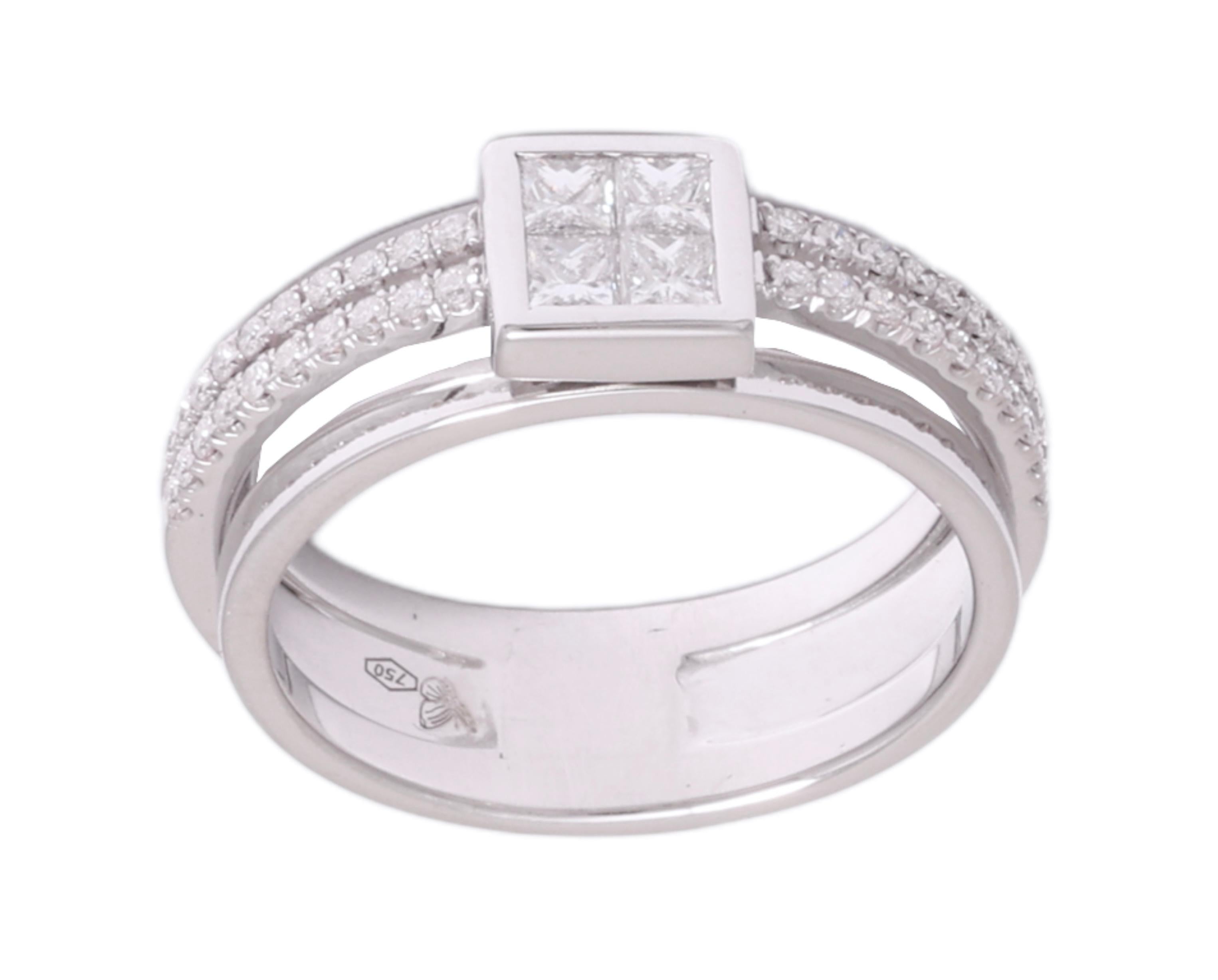 18 kt. Anello in oro bianco da 1,27 ct. Incastonatura invisibile di diamanti taglio Princess e Brilliante in vendita 1
