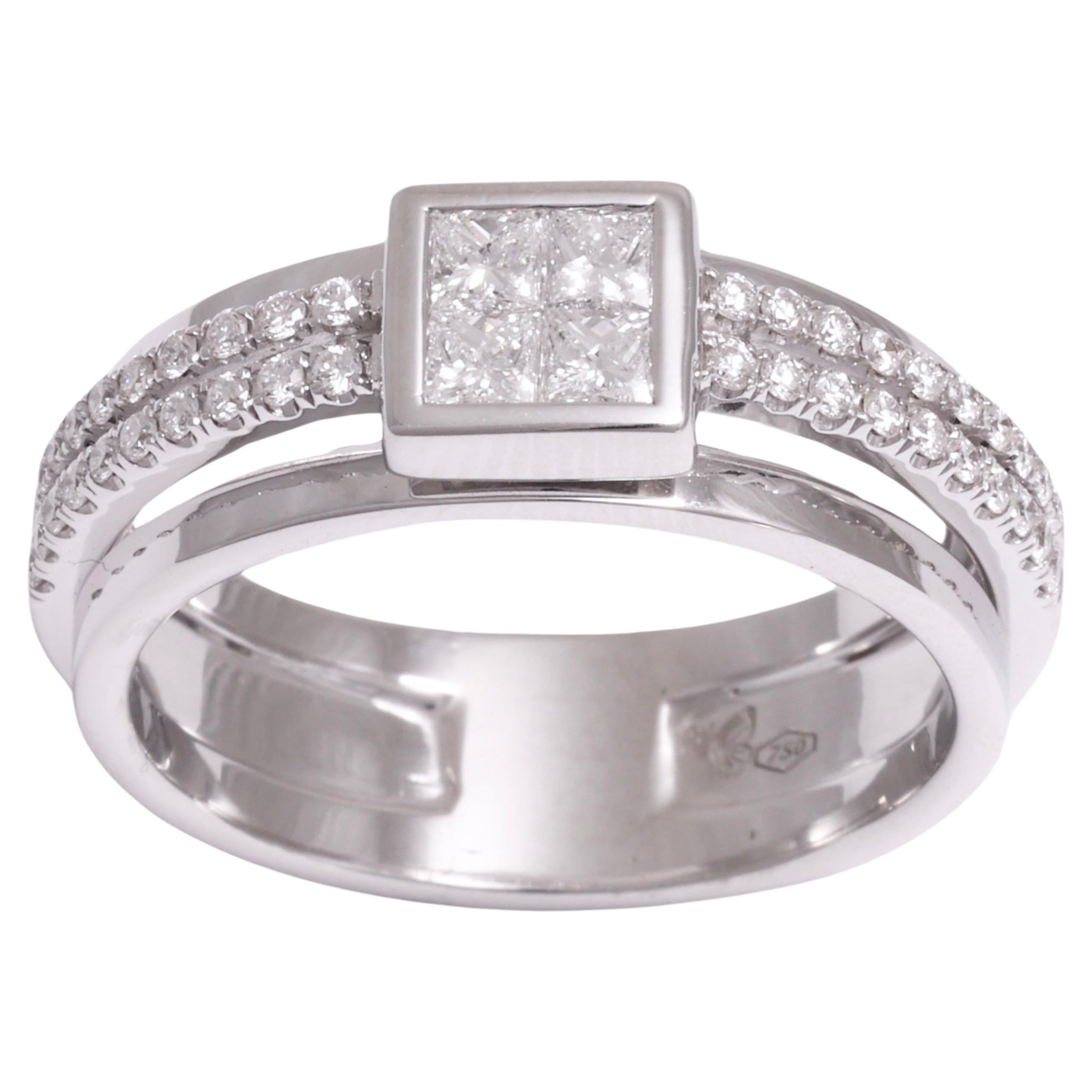 18 kt. Bague en or blanc 1.27 carats Diamants Princesse et Brilliante en serti invisible