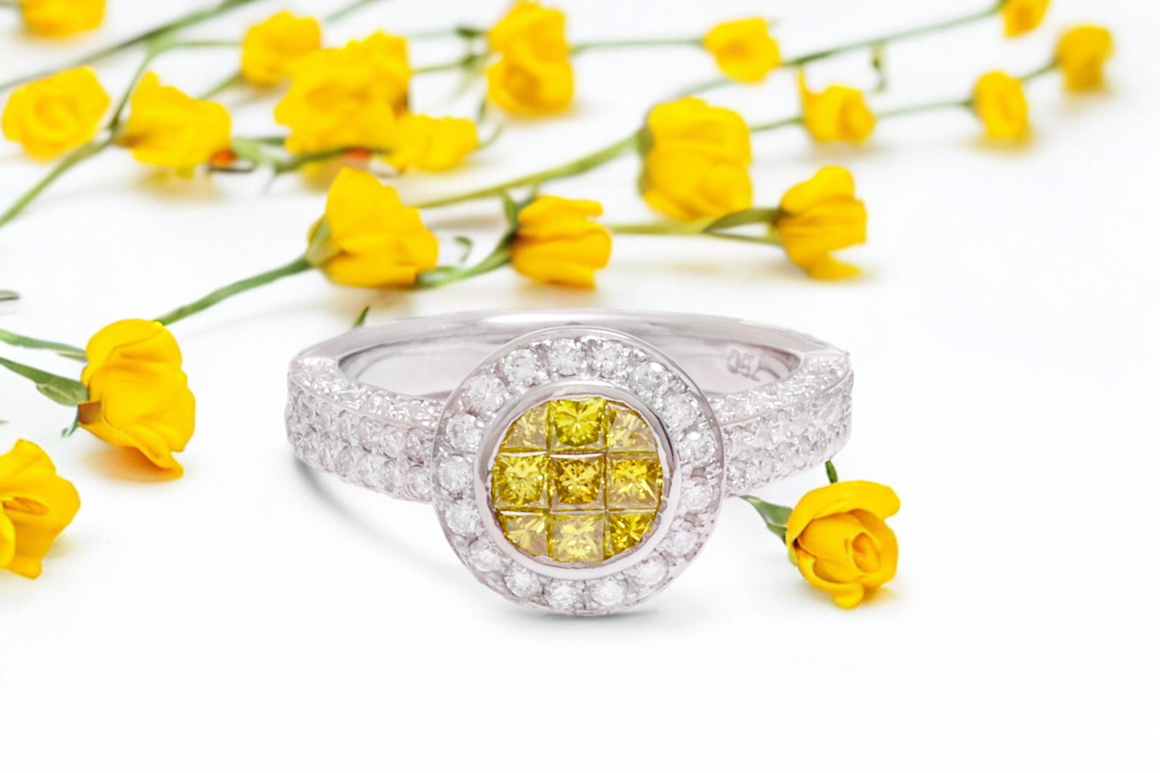 18 kt. Weißgold-Ring  1,7 ct. Unsichtbare Prinzessin Fancy Gelbe & Weiße Diamanten im Angebot 7