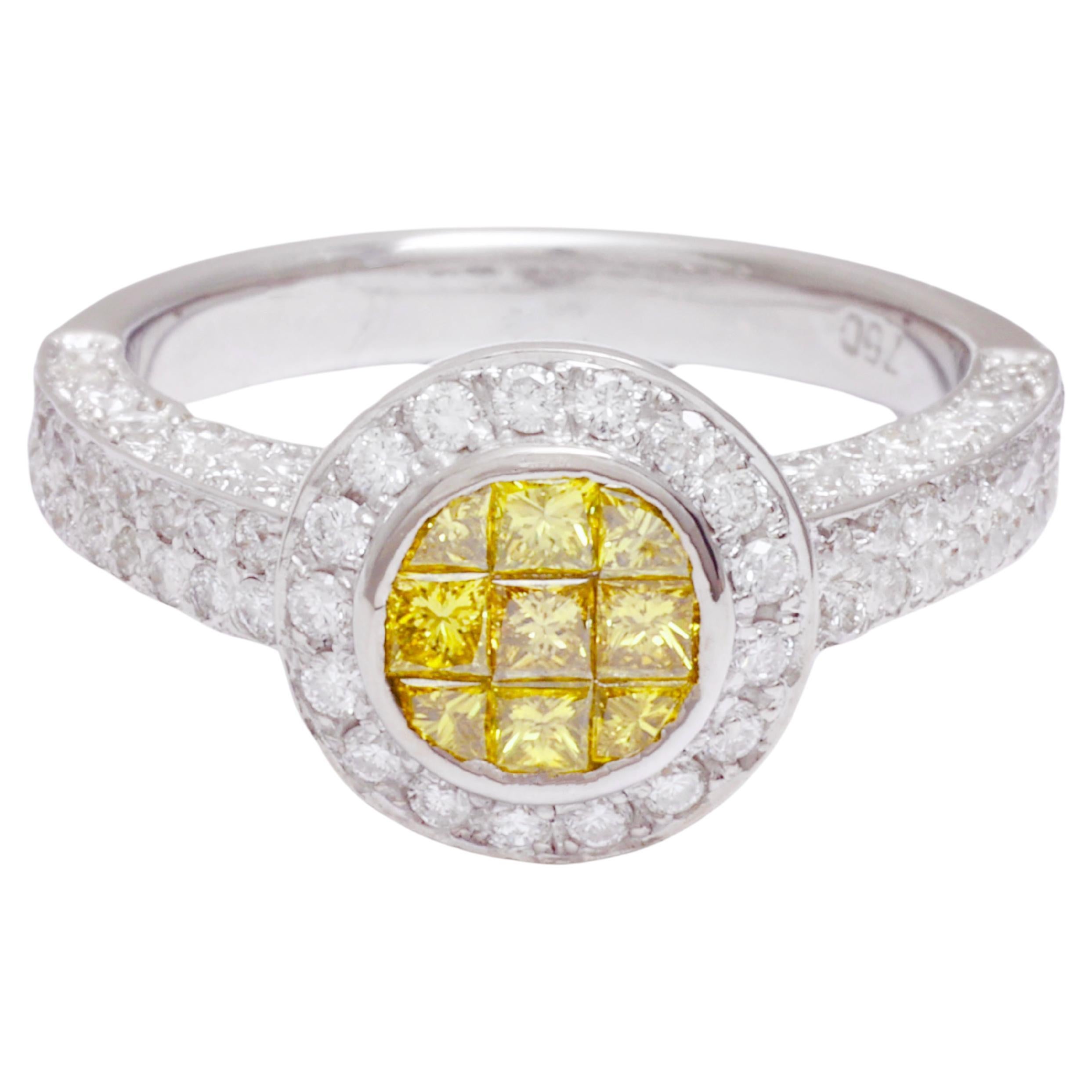 Beautiful 18 kt. White Gold Ring with 1.7 ct. Invisible Set Intense Fancy Yellow and White Diamonds

Diamonds: White diamonds together 1.24 ct.
Yellow diamonds: Invisible Set Princess cut Intense yellow diamonds together 0.45 ct.

Material: 18 kt.