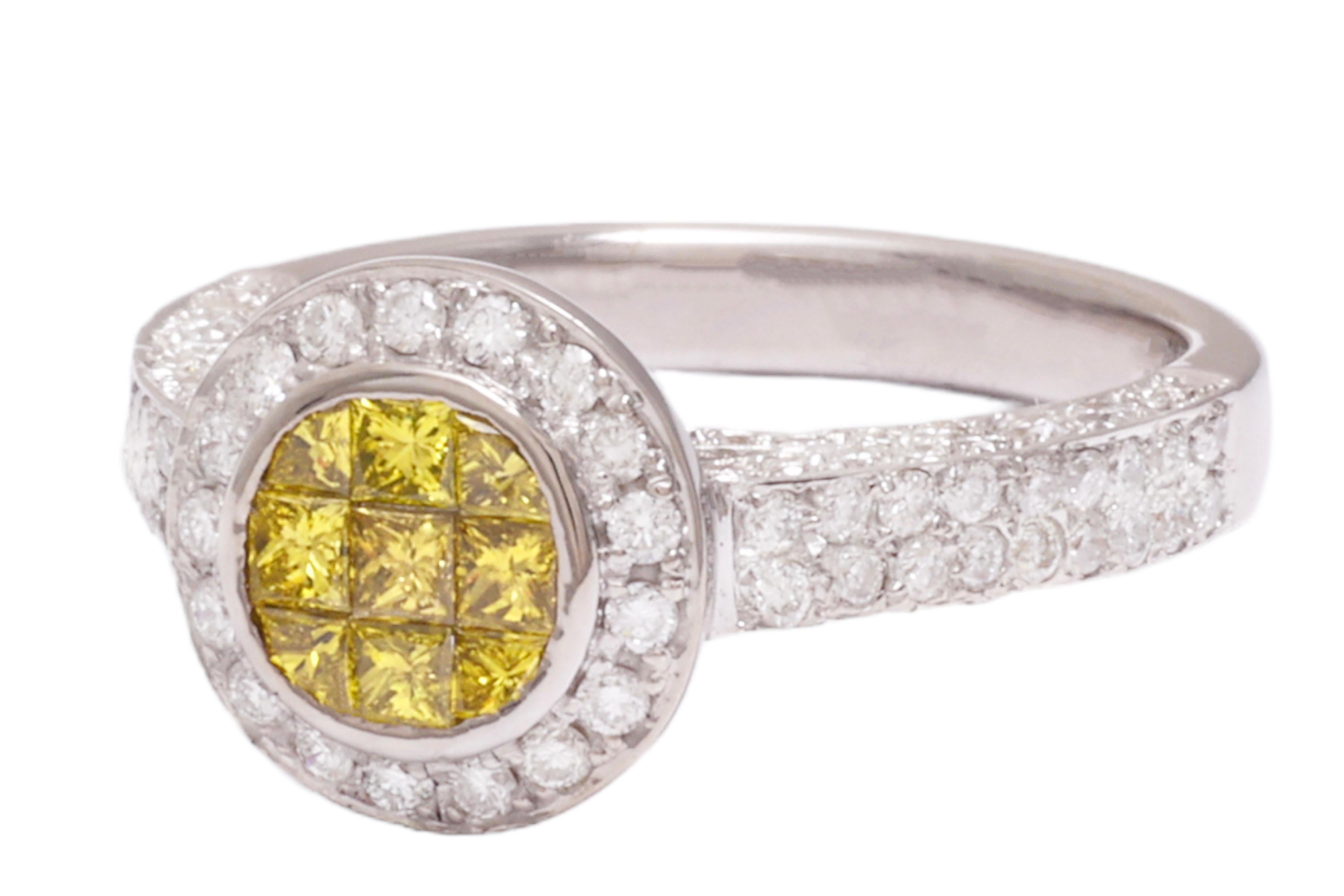 Modern 18 kt. White Gold Ring  1.7 ct. Invisible Princess Fancy Yellow & White Diamonds For Sale
