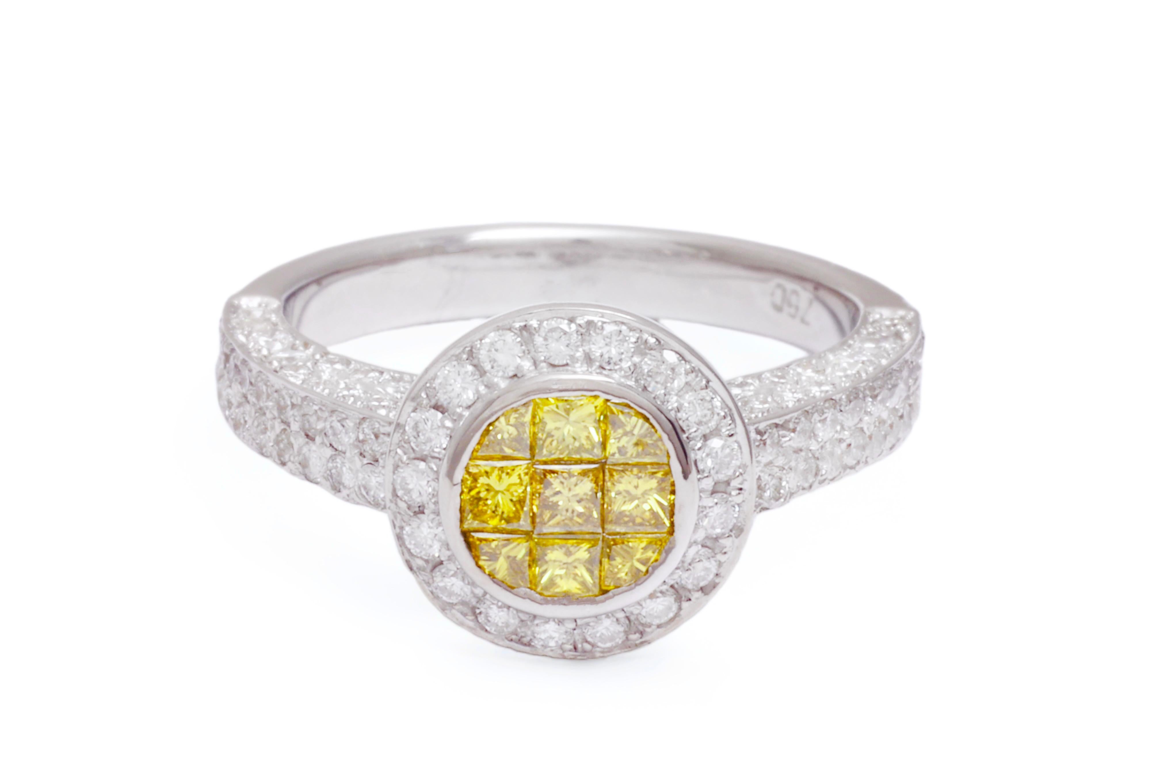 Women's or Men's 18 kt. White Gold Ring  1.7 ct. Invisible Princess Fancy Yellow & White Diamonds For Sale