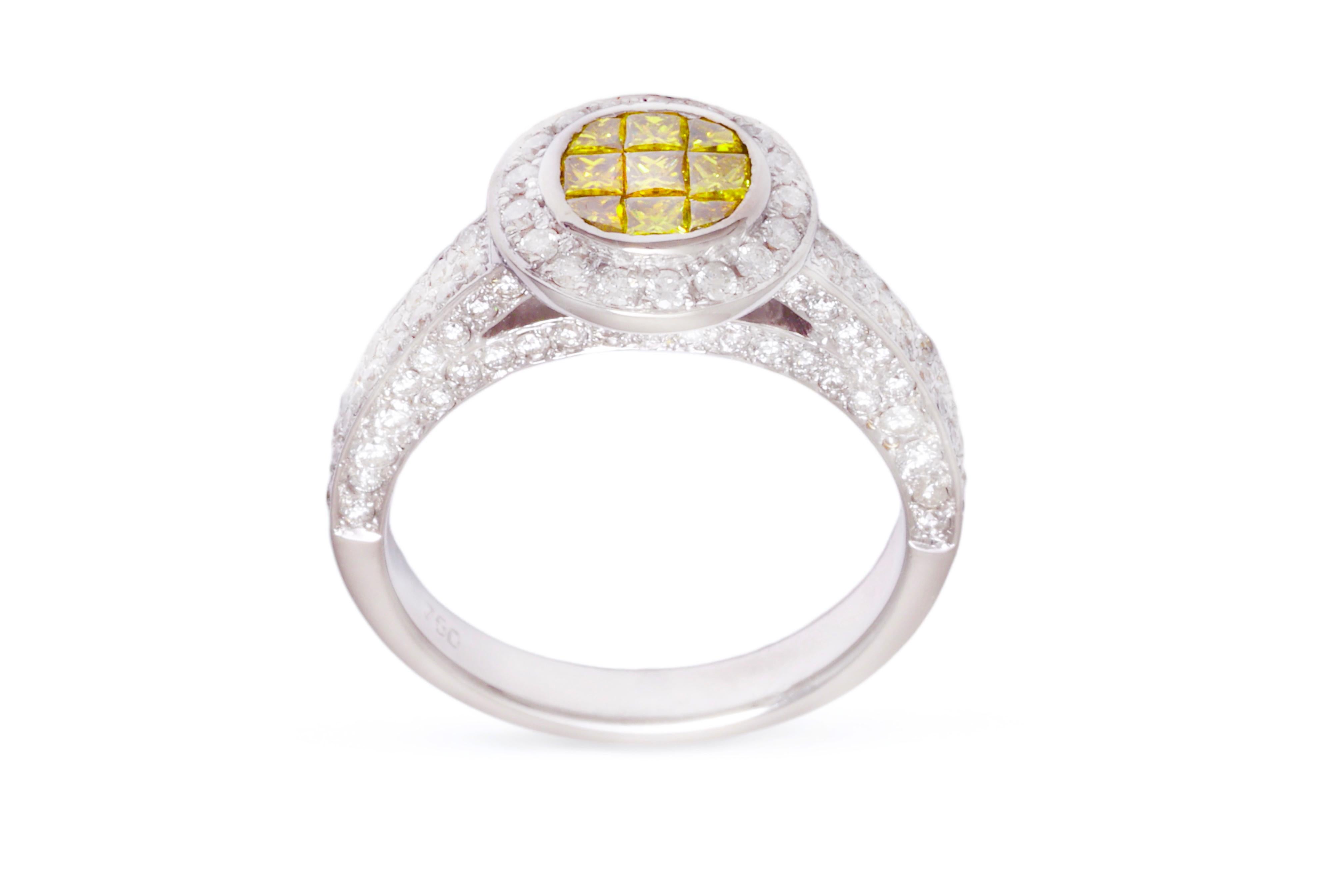 18 kt. White Gold Ring  1.7 ct. Invisible Princess Fancy Yellow & White Diamonds For Sale 2