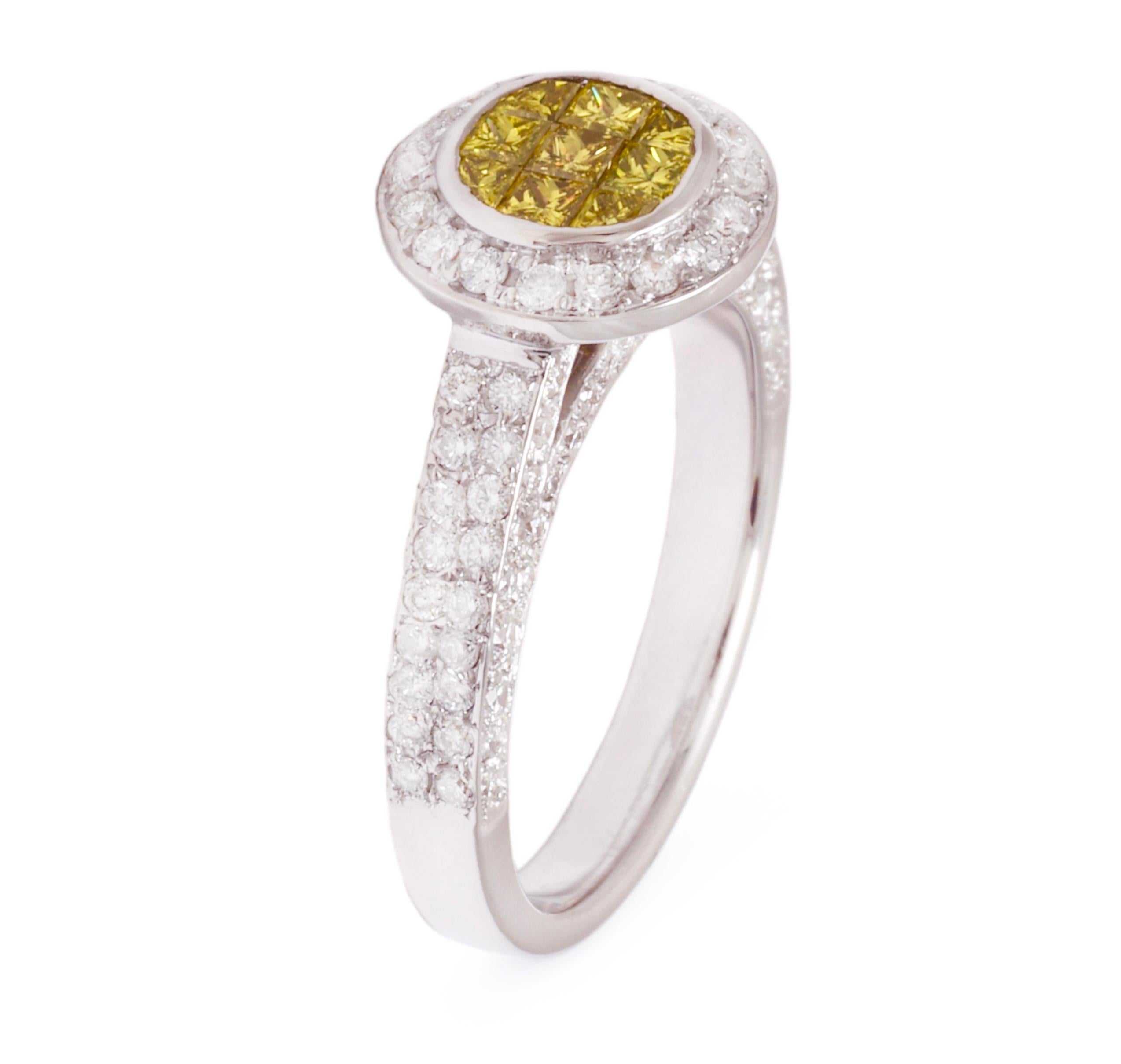 18 kt. White Gold Ring  1.7 ct. Invisible Princess Fancy Yellow & White Diamonds For Sale 3