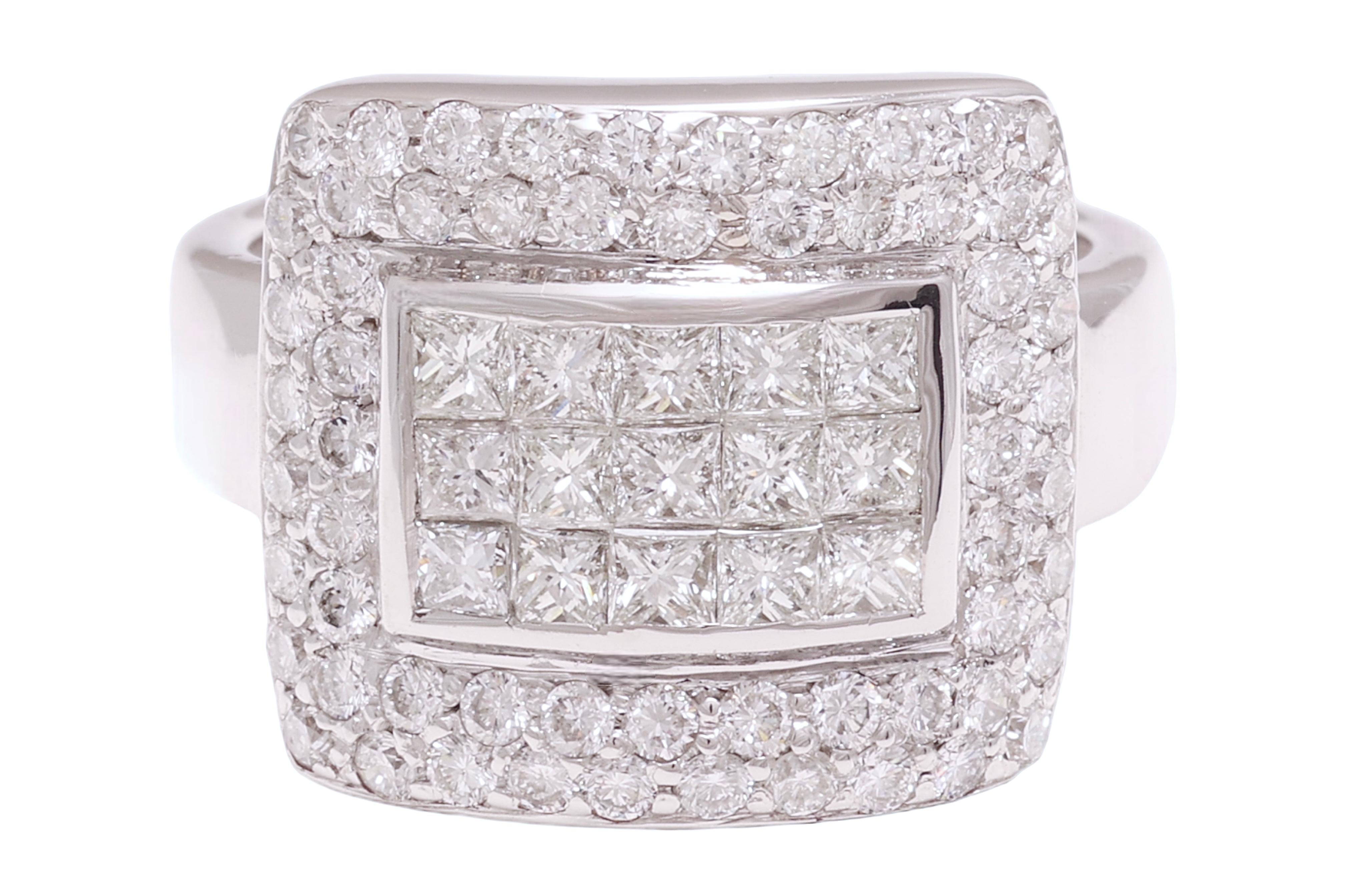 Gorgeous 18 kt. White Gold Ring with 1.74 ct. Brilliant and Invisible Set Princess Cut Diamonds 

Diamonds: princess and brilliant cut diamonds together 1.74 ct.

Material: 18 kt. white gold

Ring size: 54 EU / 6.75 US ( ring size can be changed for