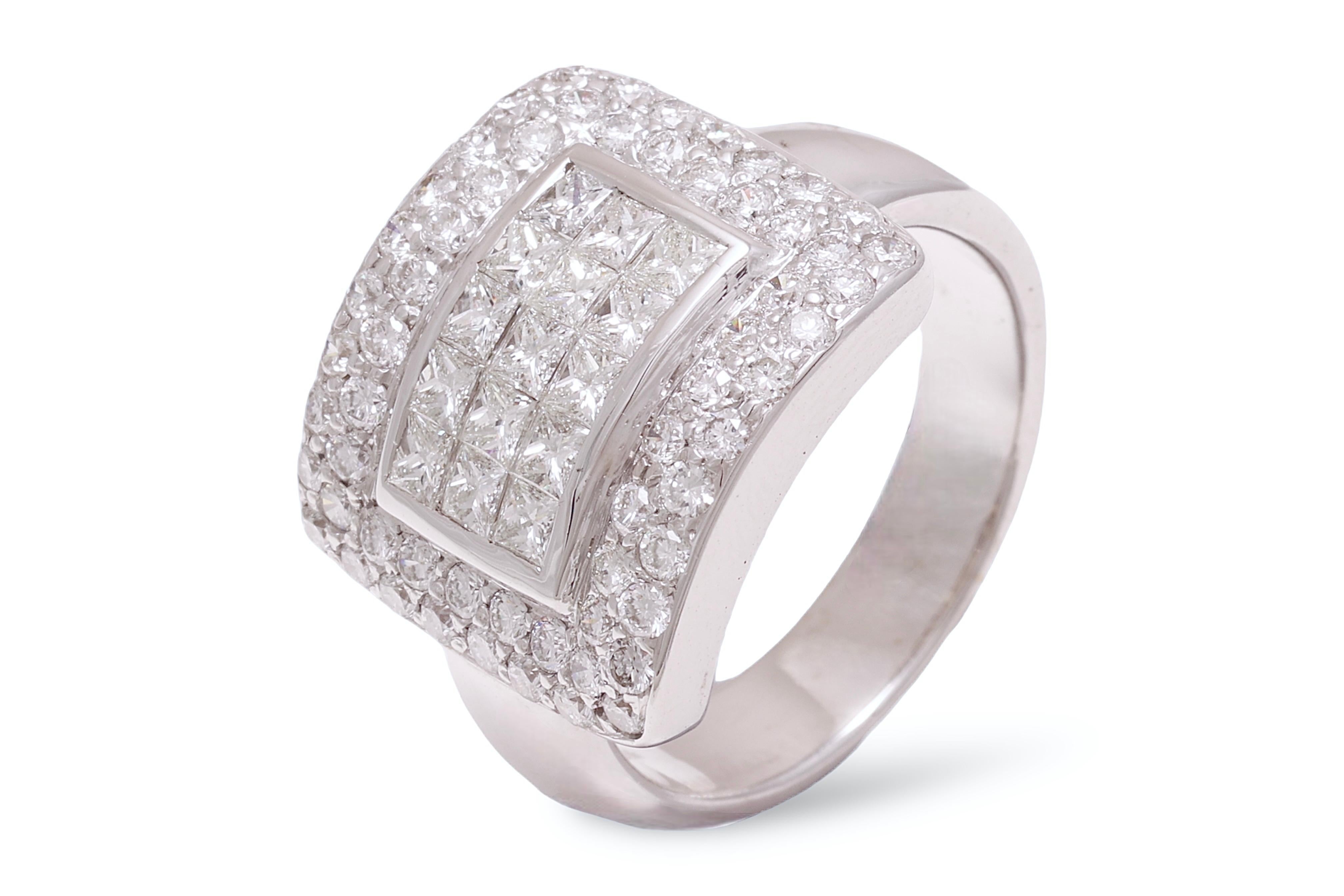 Modern  18 kt. White Gold Ring 1.74 ct. Brilliant & Invisible Princess Cut Diamonds  For Sale