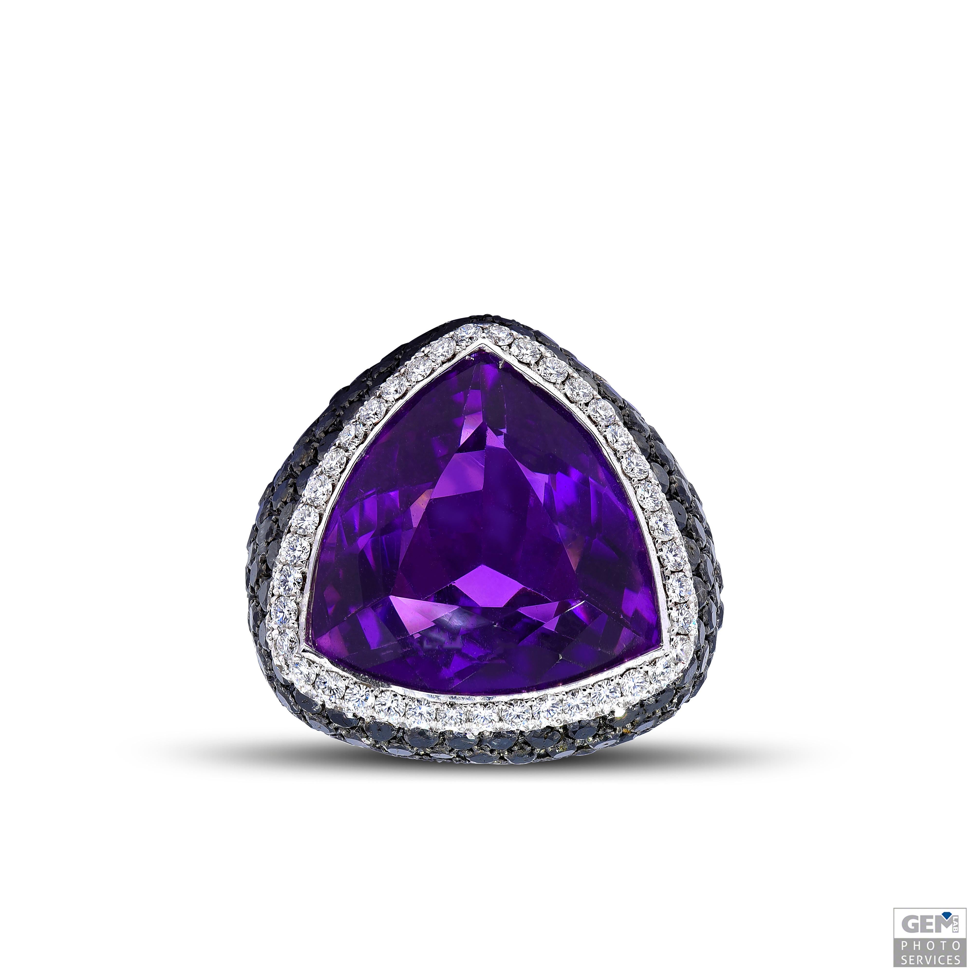 Schöner weißer Goldring mit schwarzen und weißen Diamanten und einem großen Amethysten besetzt

Amethyst: 23,2 x 22,4 mm, 25 Karat 

Diamant:  Weiße Diamanten im Brillantschliff ( zusammen ca. 2 Karat ), schwarze Diamanten ( zusammen ca. 7 Karat )