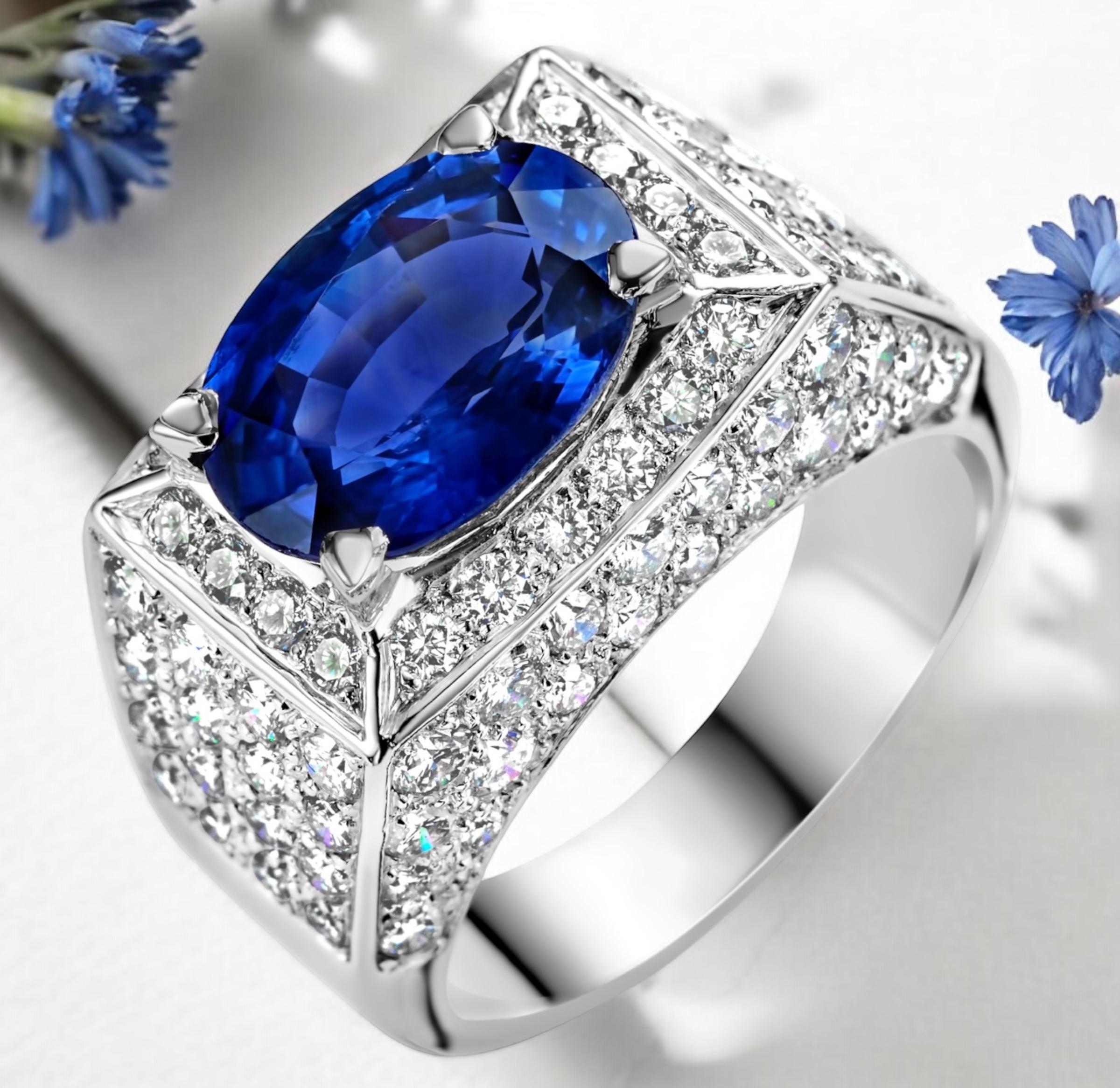 18 kt White Gold Ring, Ceylon Intense Blue Sapphire 6.3 Ct, Amazing Color For Sale 8