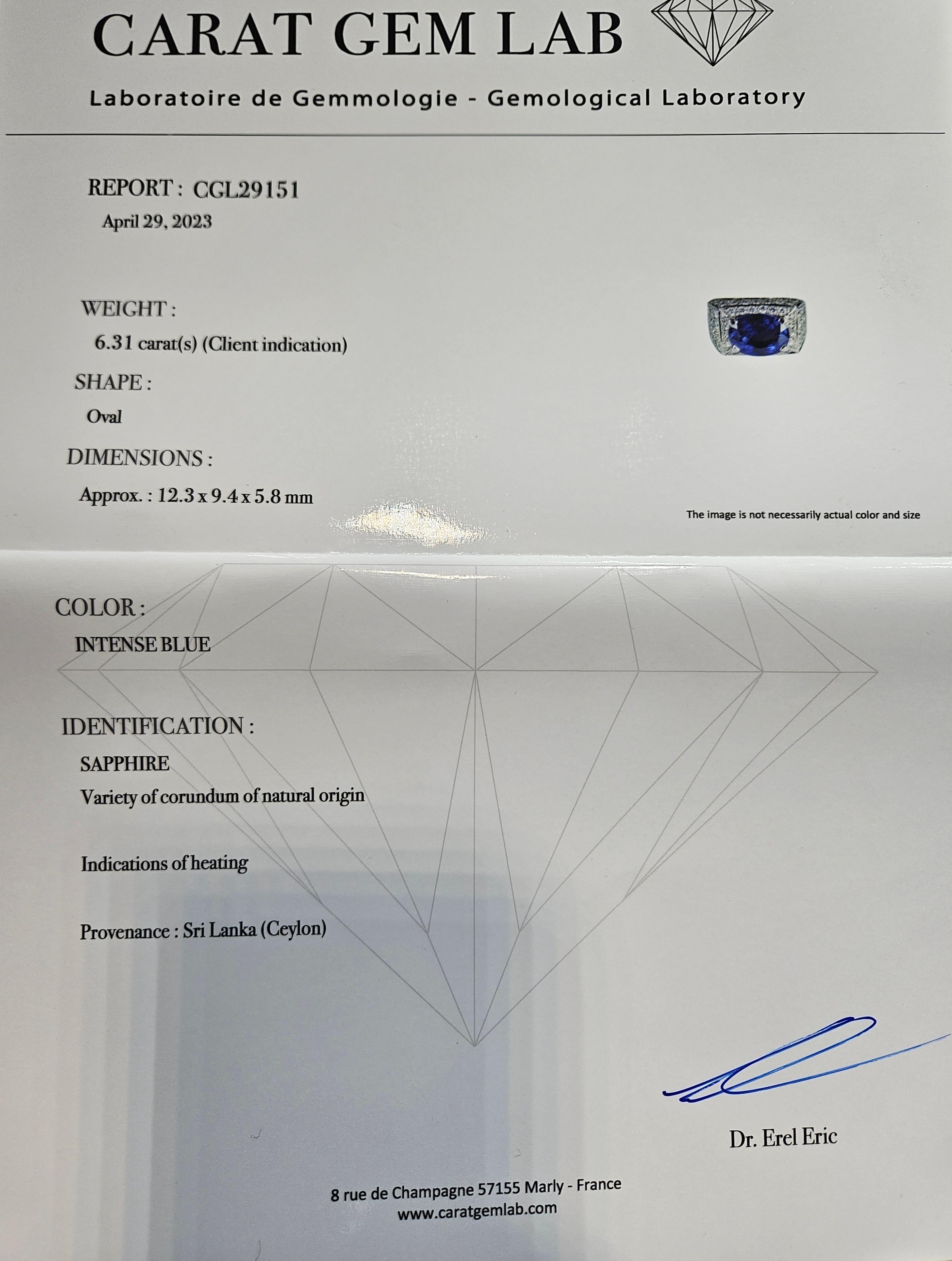 18 kt White Gold Ring, Ceylon Intense Blue Sapphire 6.3 Ct, Amazing Color For Sale 9