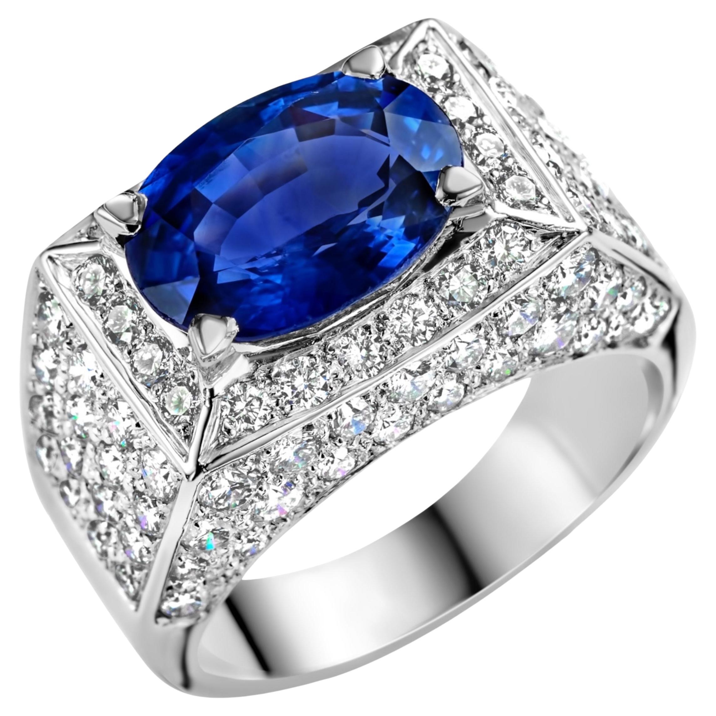 18 kt White Gold Ring, Ceylon Intense Blue Sapphire 6.3 Ct, Amazing Color For Sale