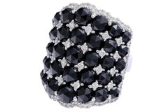 18 Kt White Gold Ring , Diamonds & Onyx Rose Cut Modern Cluster Ring