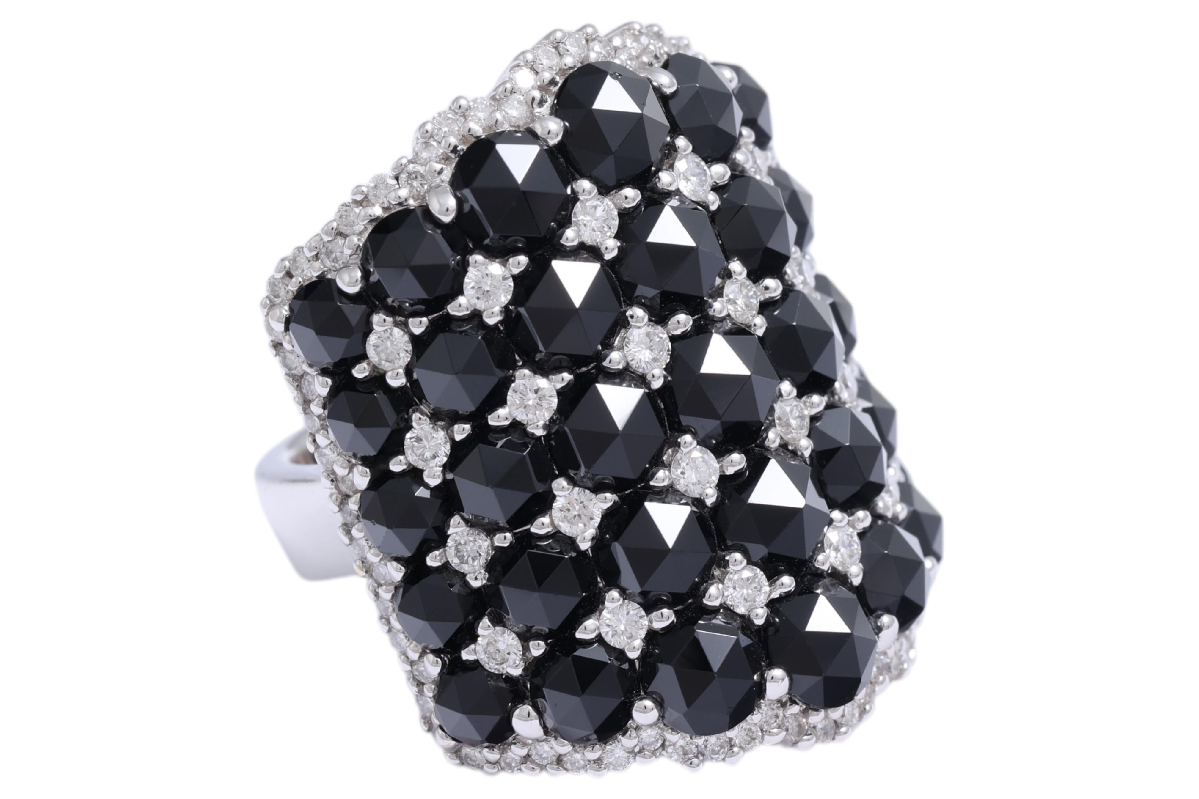 Women's or Men's 18 Kt White Gold Ring , Diamonds & Onyx Rose Cut Modern Cluster Ring For Sale