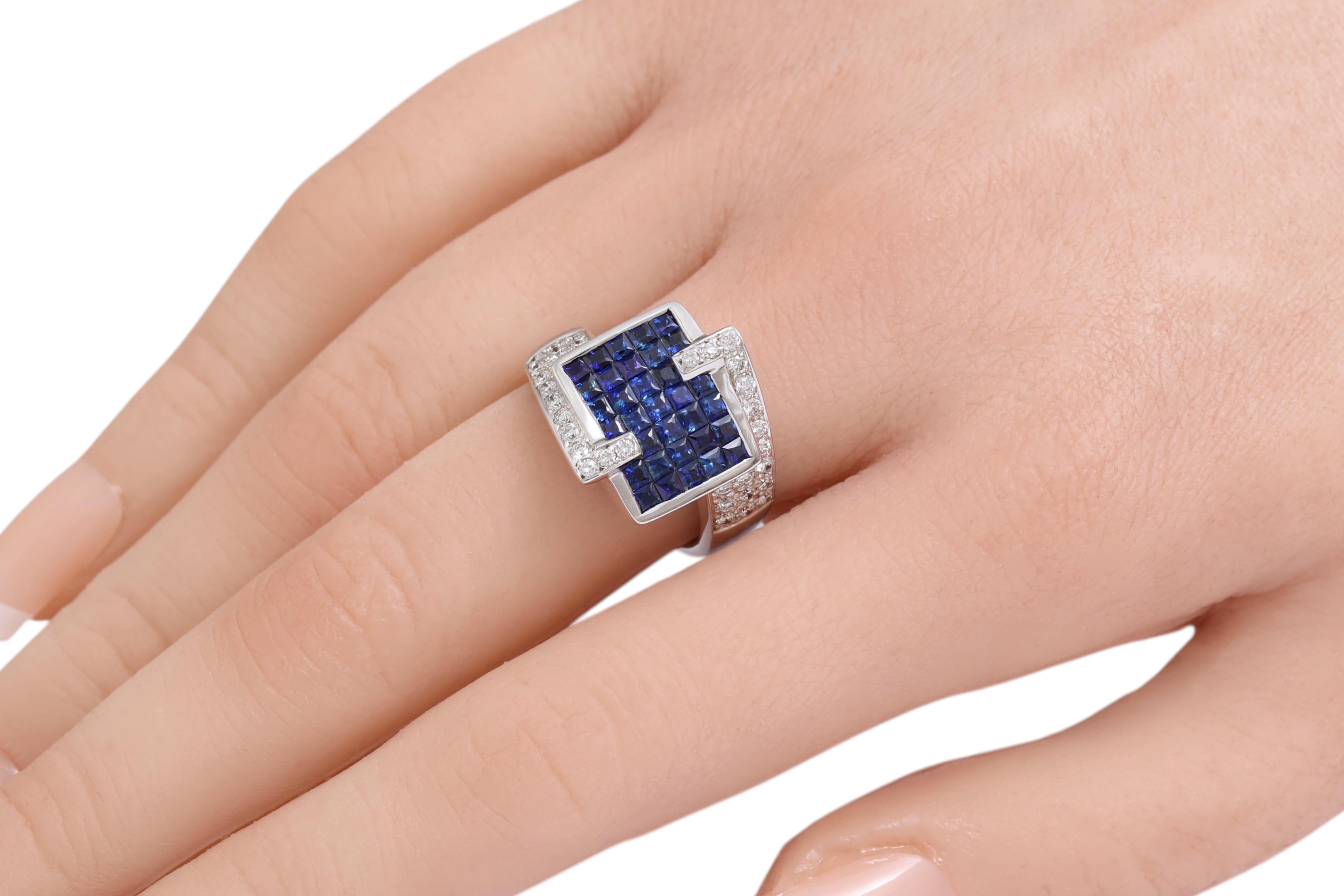 18 Kt White Gold Ring Diamonds & Sapphires Invisible Set For Sale 4