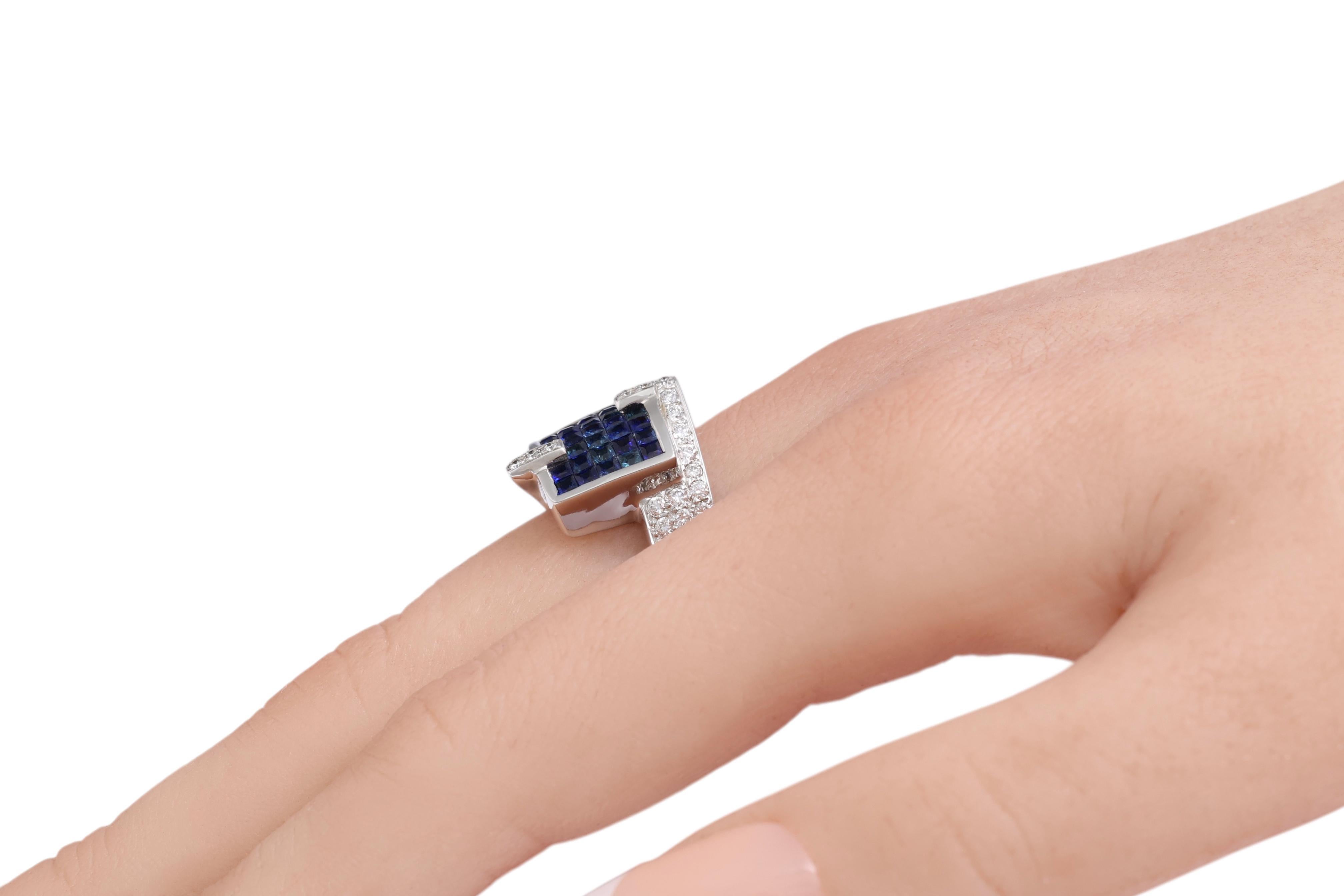 18 Kt White Gold Ring Diamonds & Sapphires Invisible Set For Sale 5