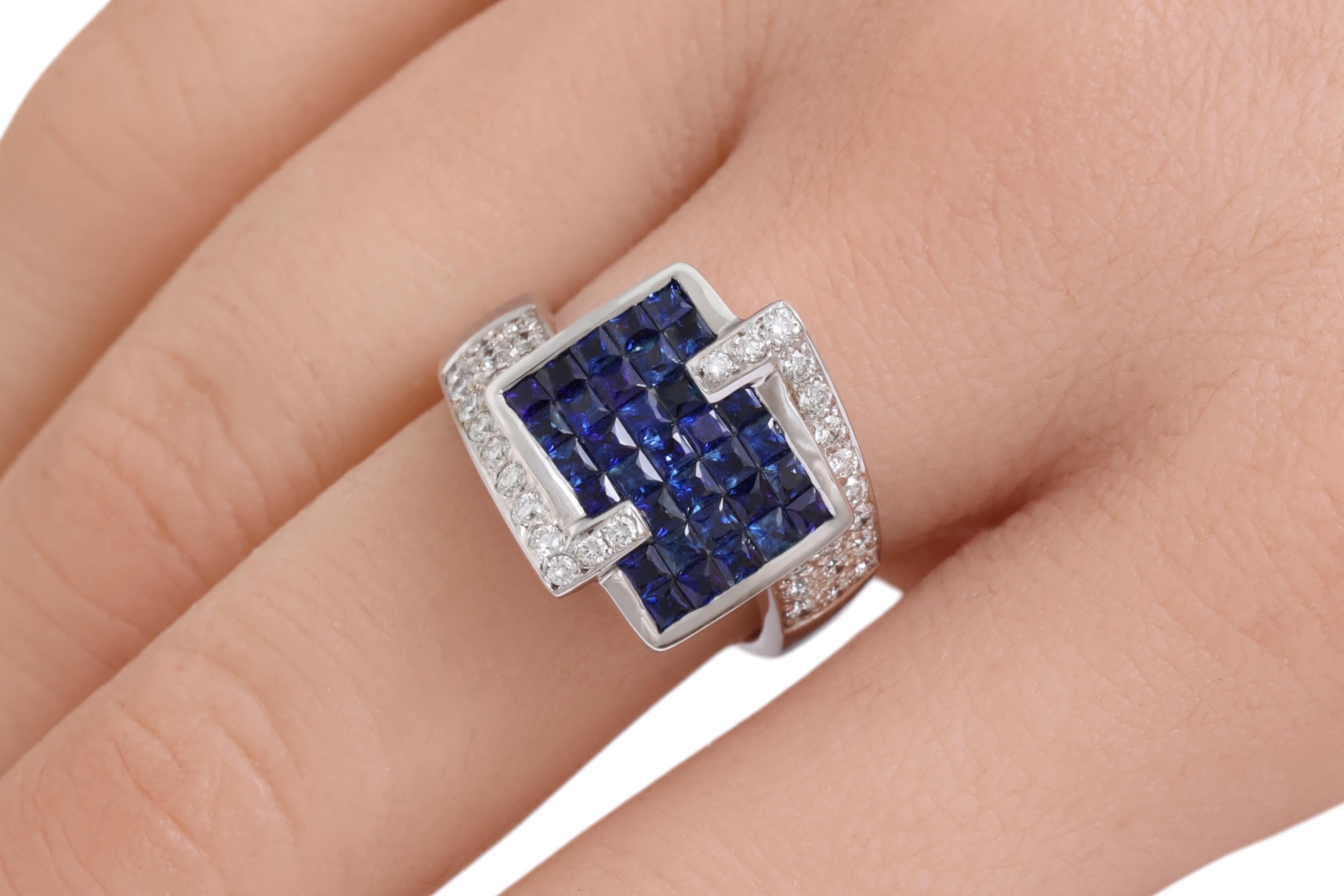 18 Kt White Gold Ring Diamonds & Sapphires Invisible Set For Sale 6
