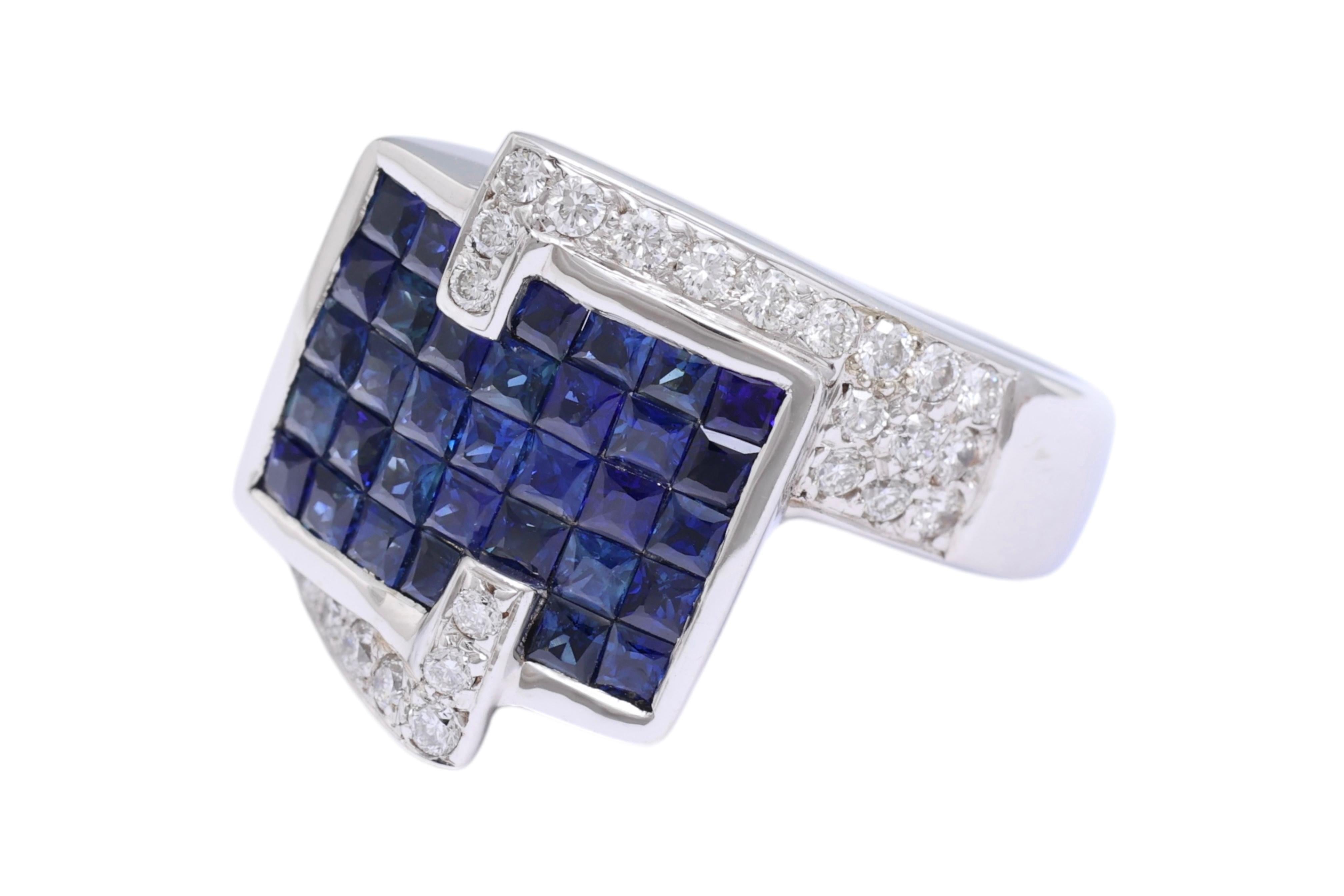 18 KT WHITE GOLD RING WITH BRILLIANT CUT DIAMONDS AND INVISIBLE SET PRINCESS CUT SAPPHIRES.

MATERIAL: 18kt white gold

WEIGHT: 13.4 grams

DIAMONDS: brilliant cut diamonds together ca. 0.68 cts

SAPPHIRES: princess cut sapphires together ca. 1.60