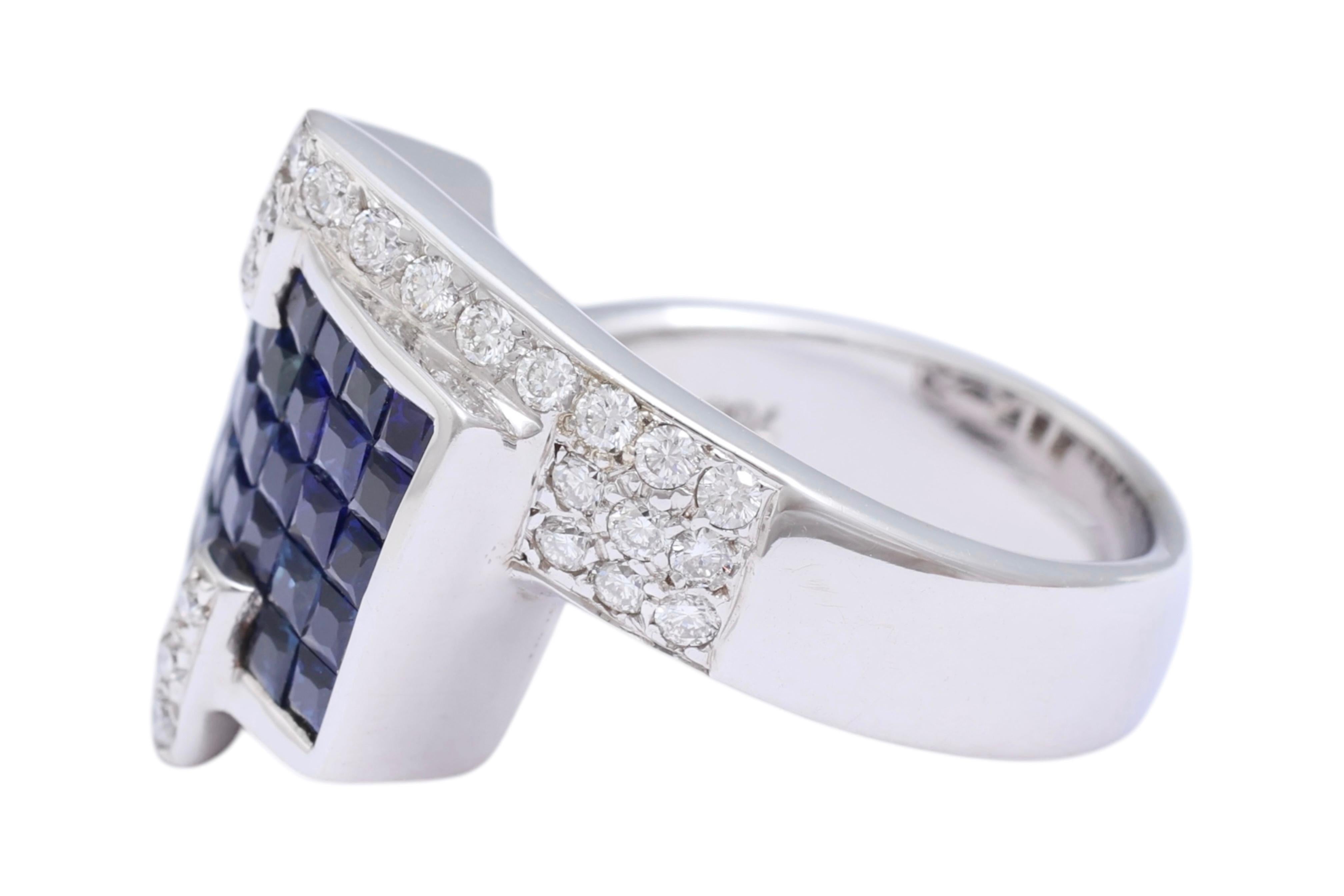 Modern 18 Kt White Gold Ring Diamonds & Sapphires Invisible Set For Sale