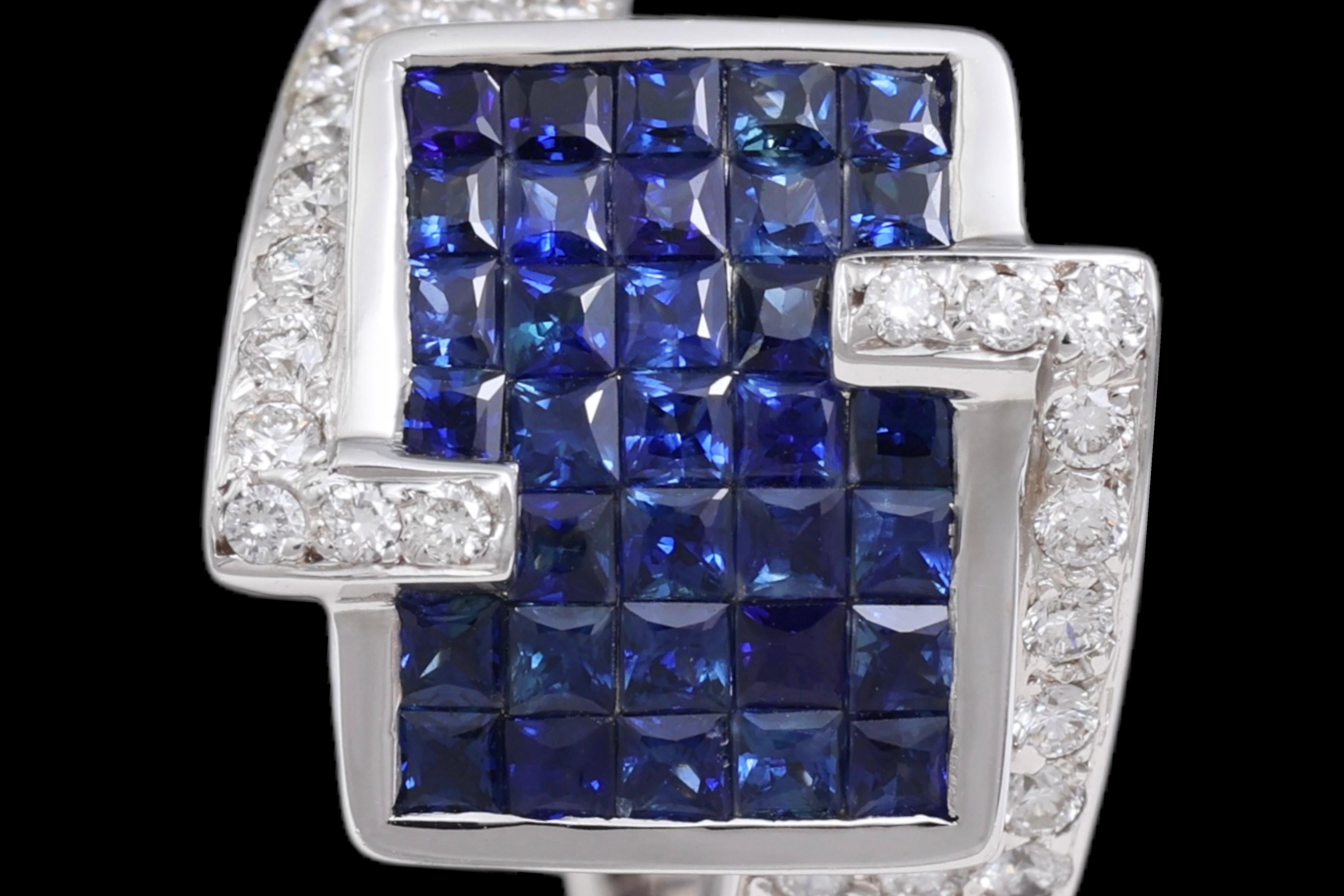 Princess Cut 18 Kt White Gold Ring Diamonds & Sapphires Invisible Set For Sale