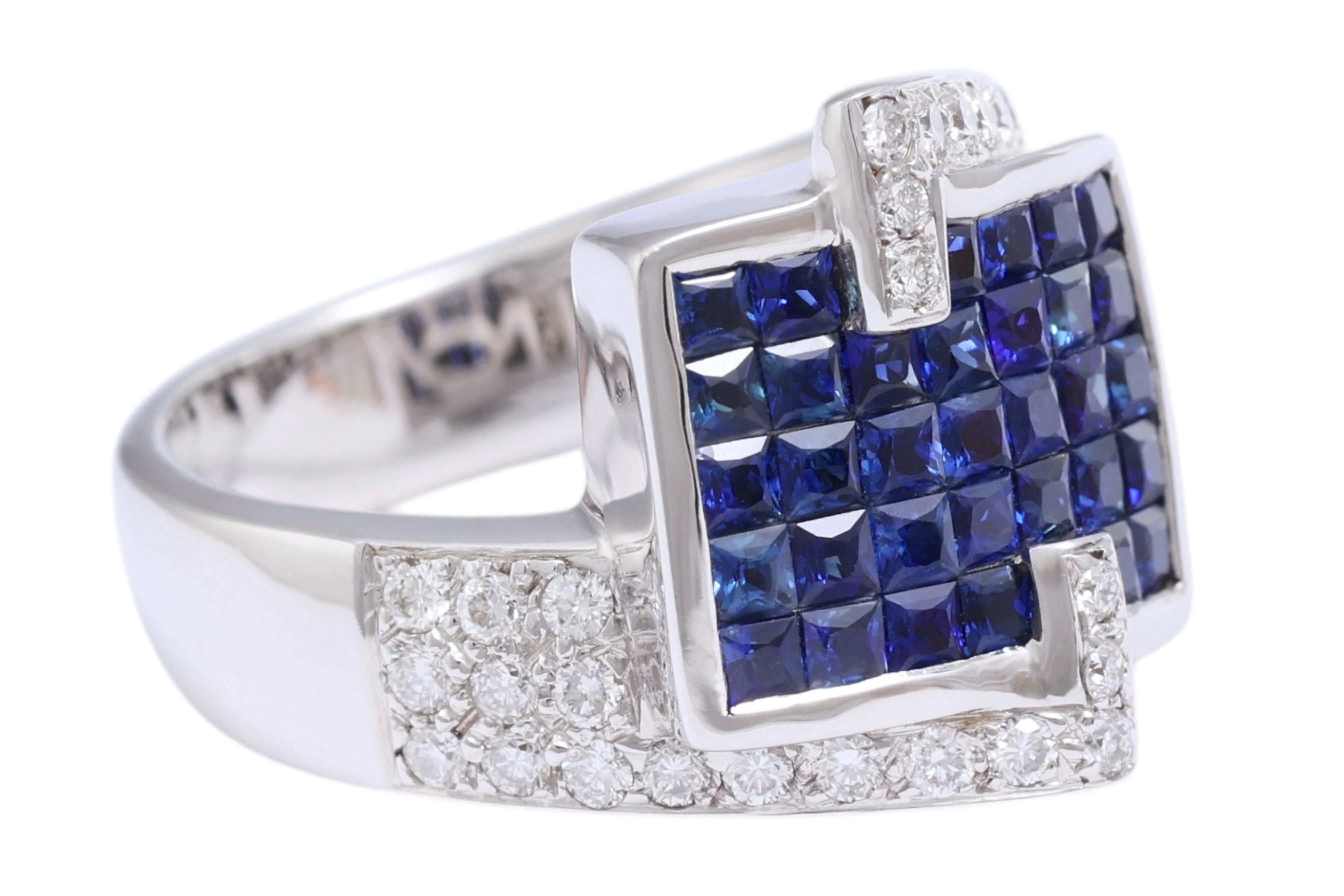 18 Kt White Gold Ring Diamonds & Sapphires Invisible Set In New Condition For Sale In Antwerp, BE