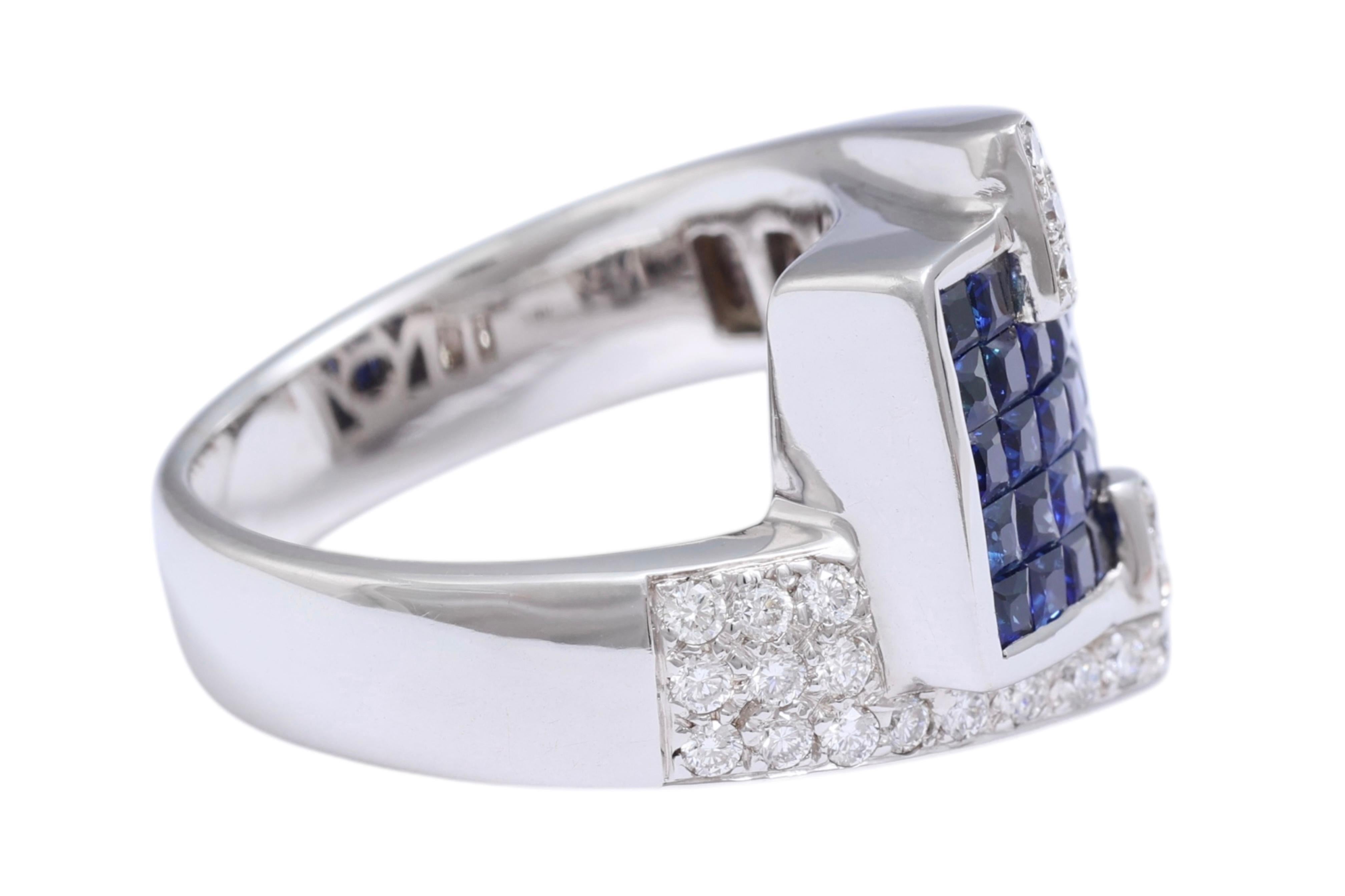 Women's or Men's 18 Kt White Gold Ring Diamonds & Sapphires Invisible Set For Sale