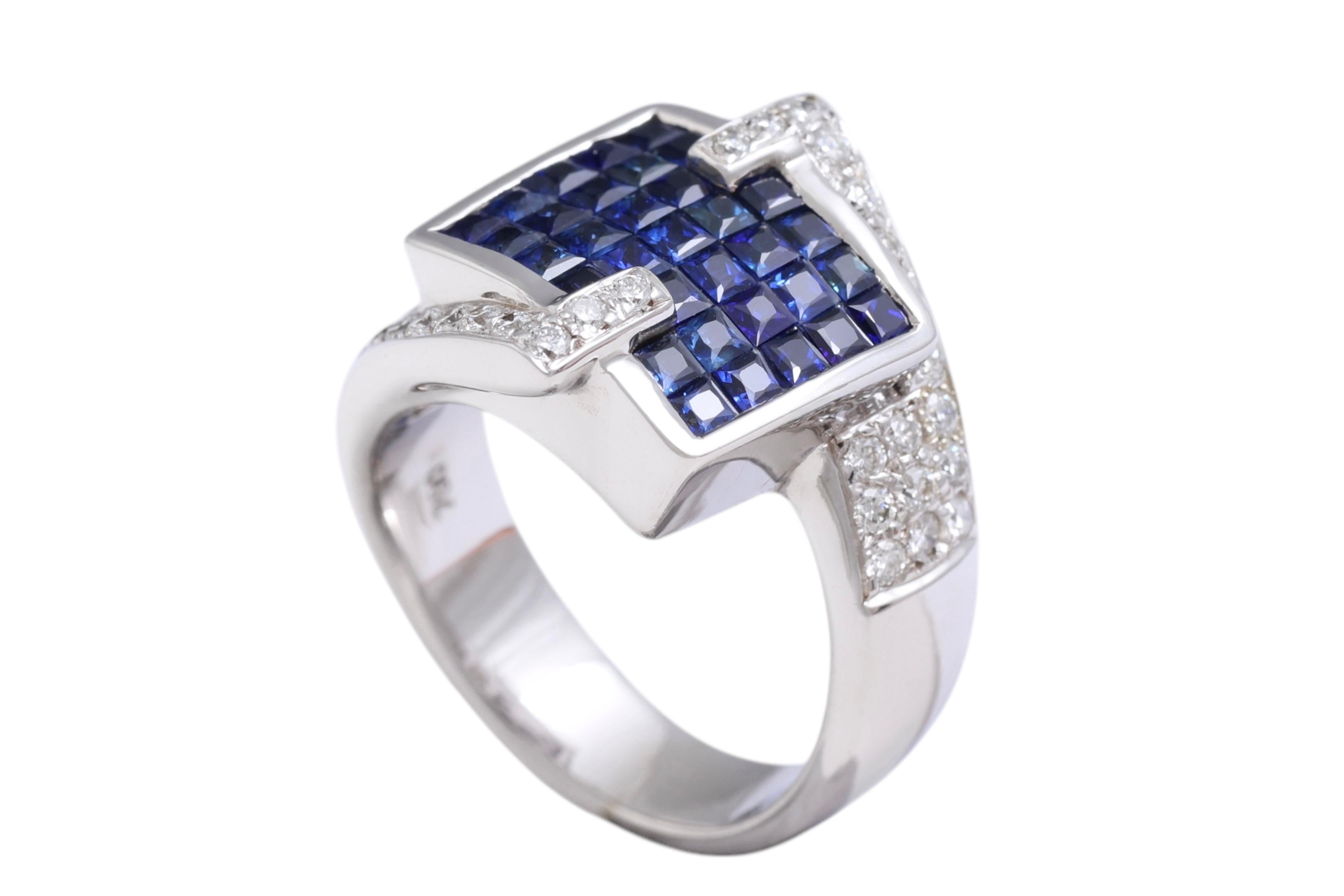 18 Kt White Gold Ring Diamonds & Sapphires Invisible Set For Sale 1