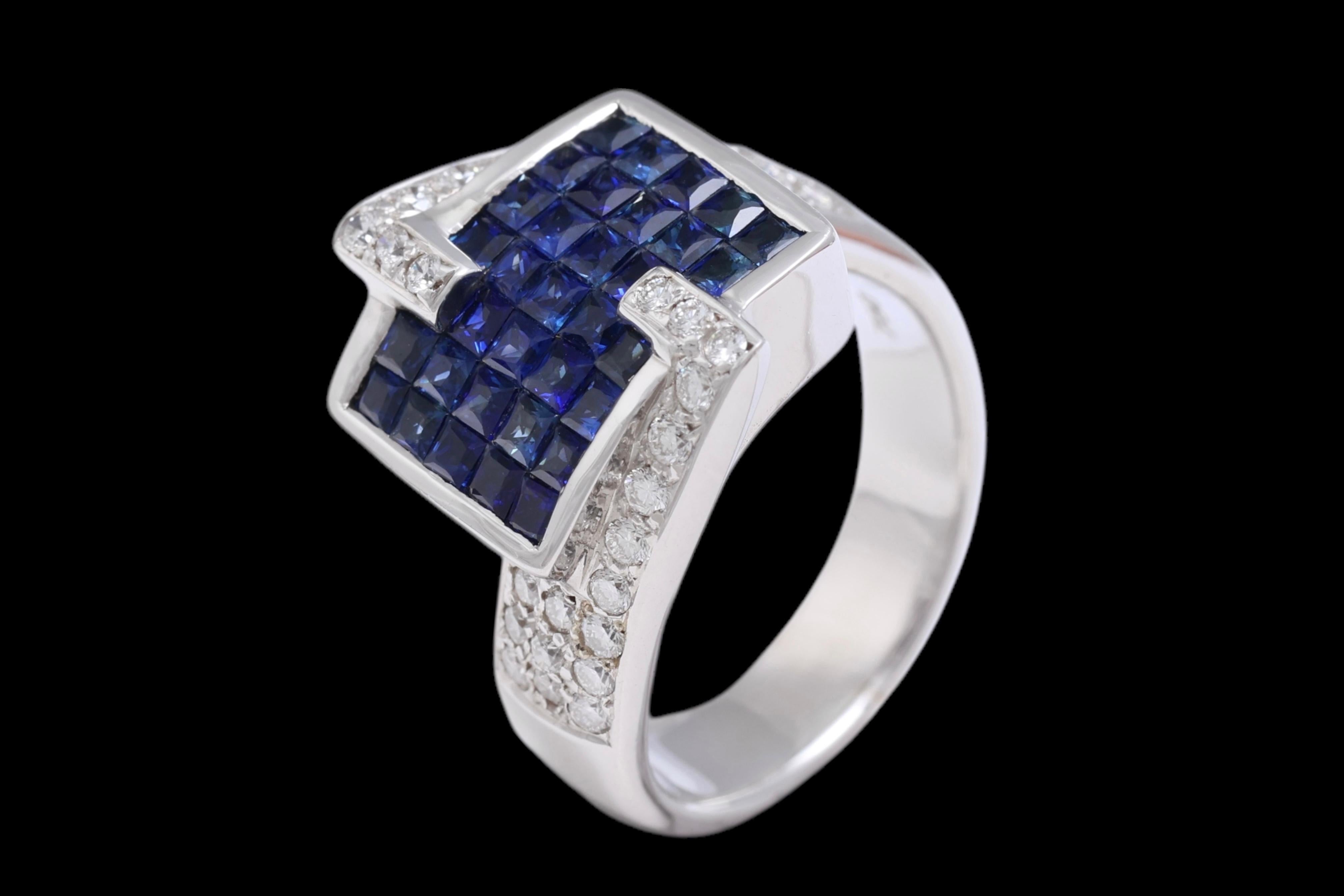 18 Kt White Gold Ring Diamonds & Sapphires Invisible Set For Sale 2