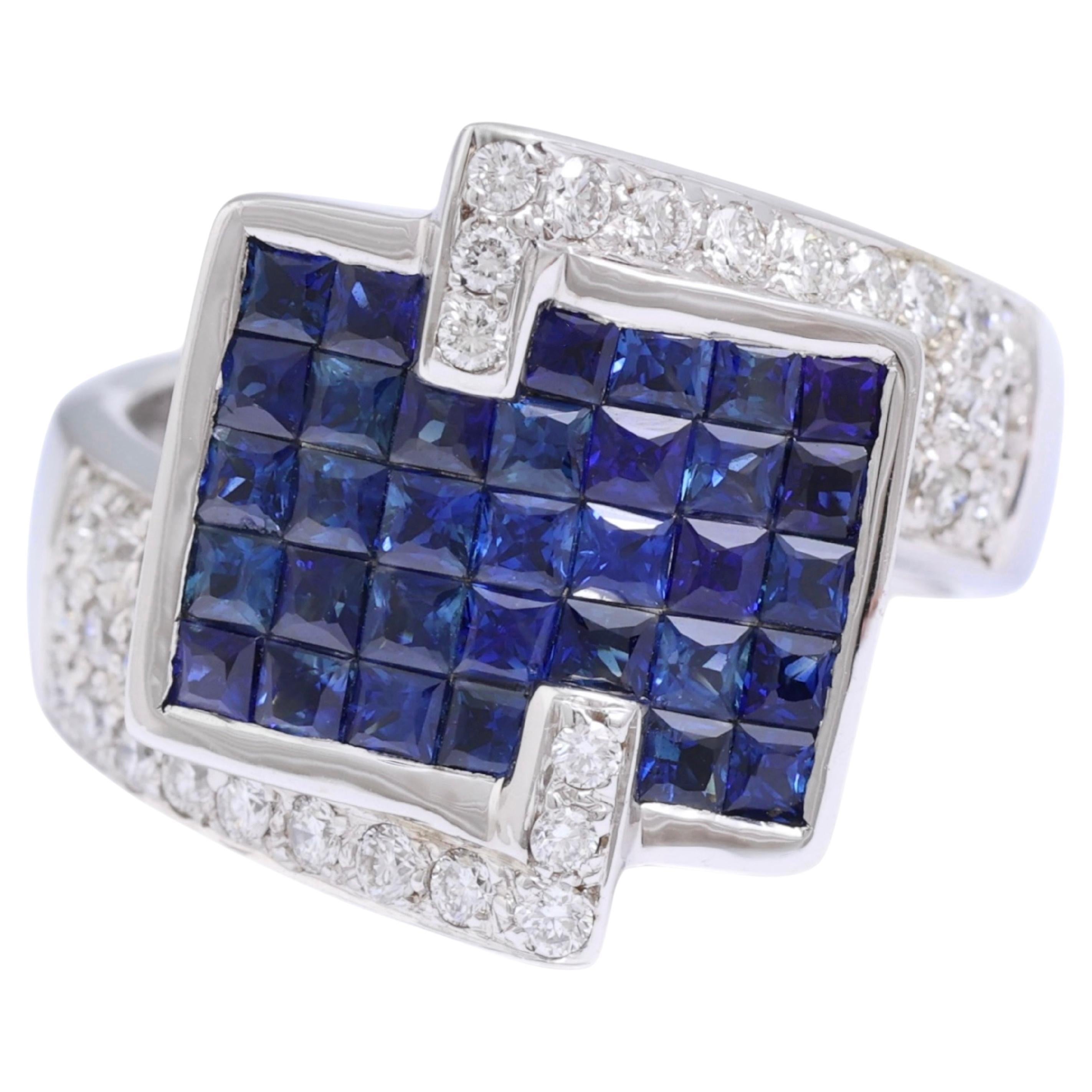 18 Kt White Gold Ring Diamonds & Sapphires Invisible Set