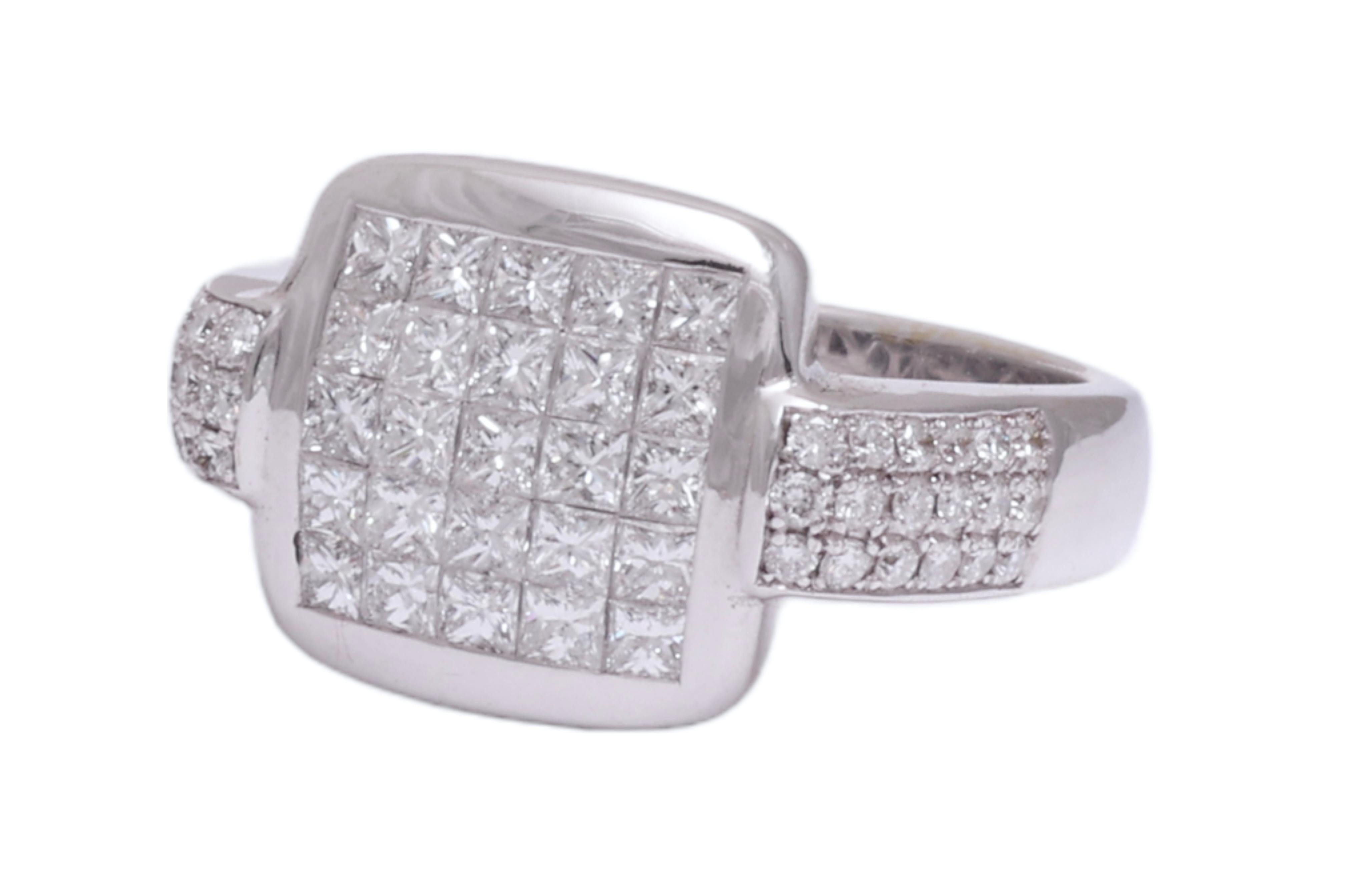 Modern 18 kt. White Gold Ring Invisible Set Princess & Brilliant Cut Diamonds  1.61 ct. For Sale