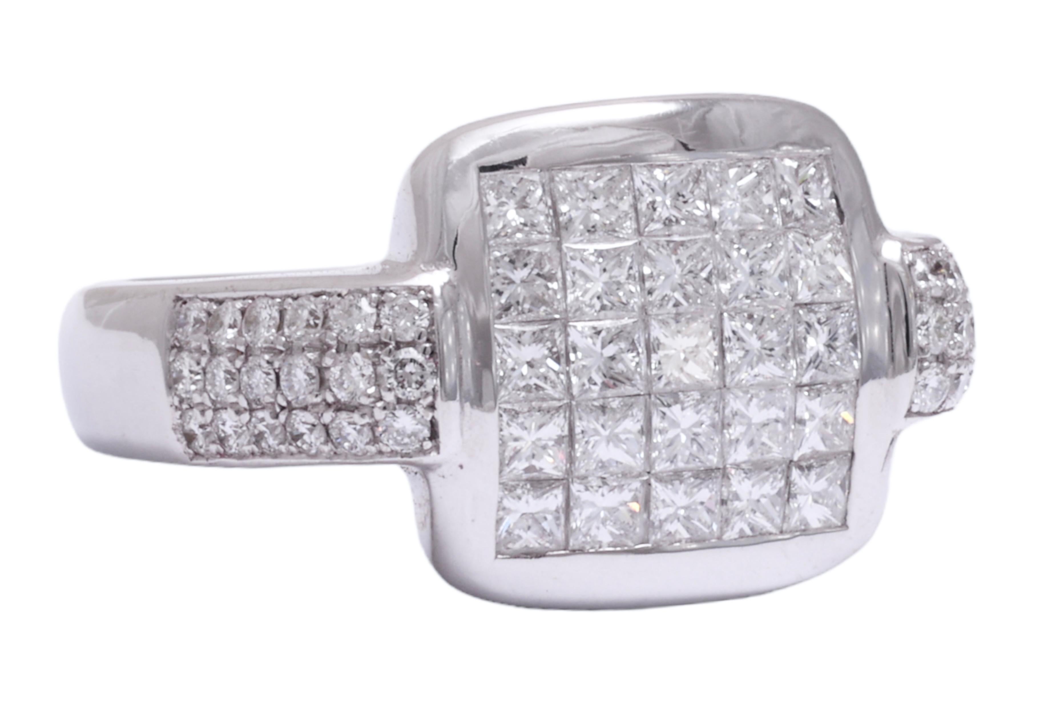 Women's or Men's 18 kt. White Gold Ring Invisible Set Princess & Brilliant Cut Diamonds  1.61 ct. For Sale